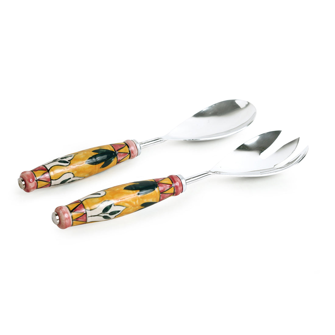 EXCLUSIVELANE 'The Mughal Patti' Handpainted Serving Spoon & Fork Set In Stainless Steel & Ceramic (Set of 2) - view 2