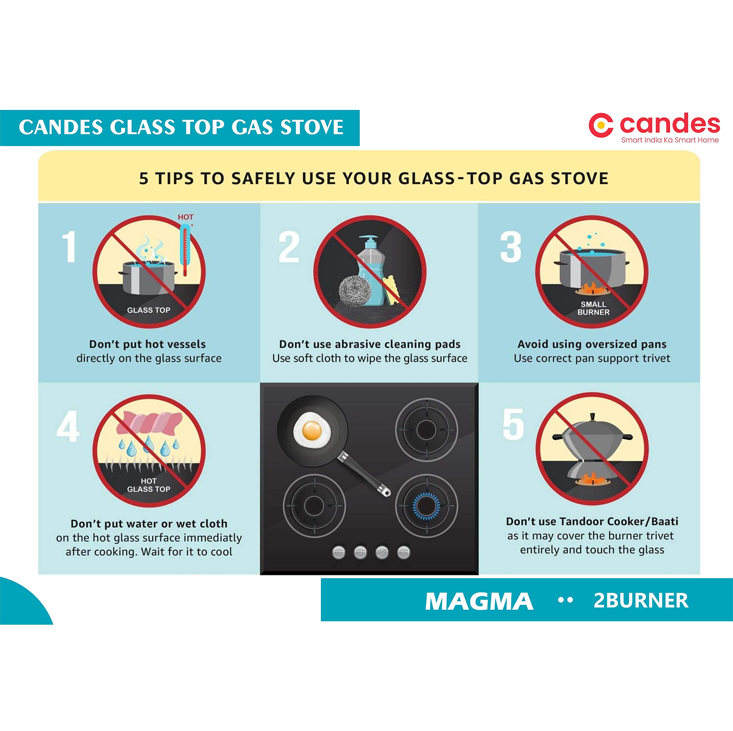 Candes Magma Glass Top Gas Stove | Manual Ignition, Black (ISI Certified, With 18 Months Warranty (2 Burner) - view 5