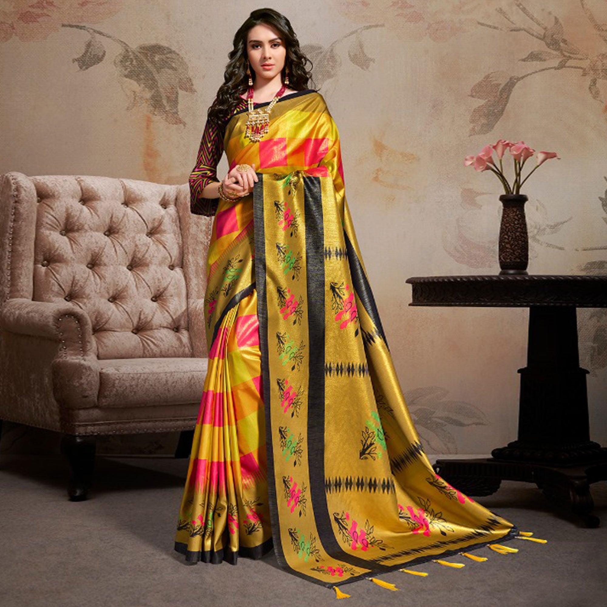 Peachmode Intricate Multi Colored Festive Wear Printed Silk Blend Saree With Tassels