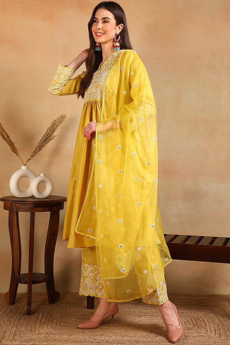 Ahika Plus Size Yellow Silk Blend Solid Yoke Design Flared Style Suit Set PKSKD2125 - view 2