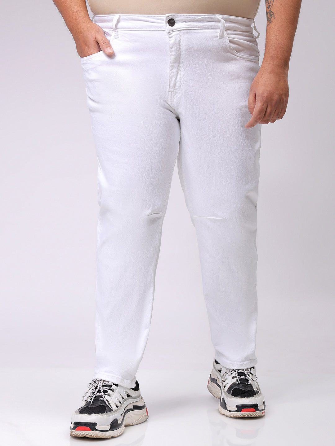 Hardsoda Men's Plus Size White Carrot Fit Solid Stretchable Jeans