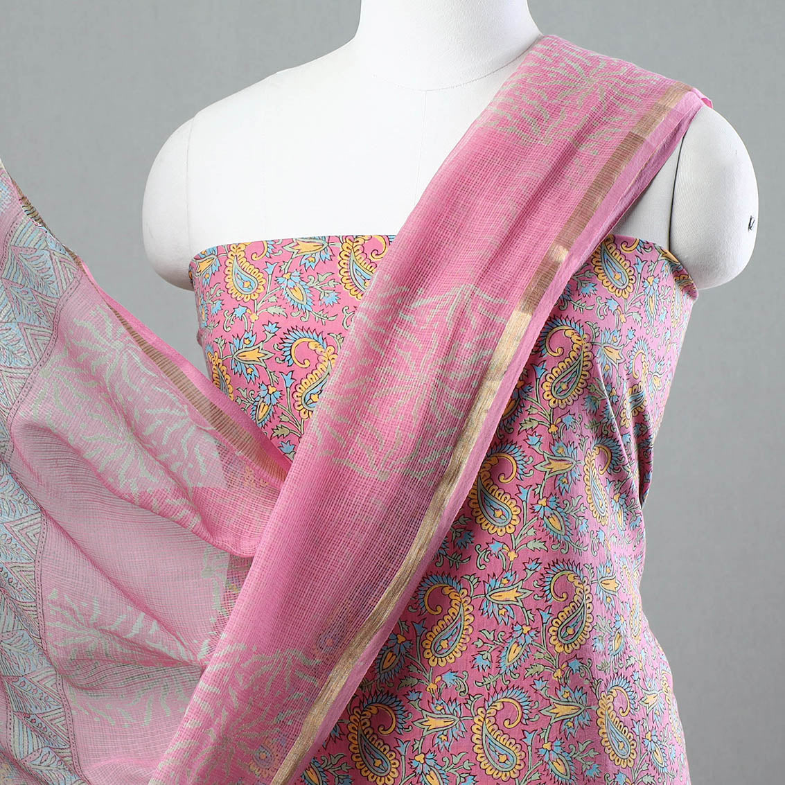 KUSUMLATA 3pc Sanganeri Block Printed Cotton Suit Material with Kota Doria Dupatta 07 - view 3