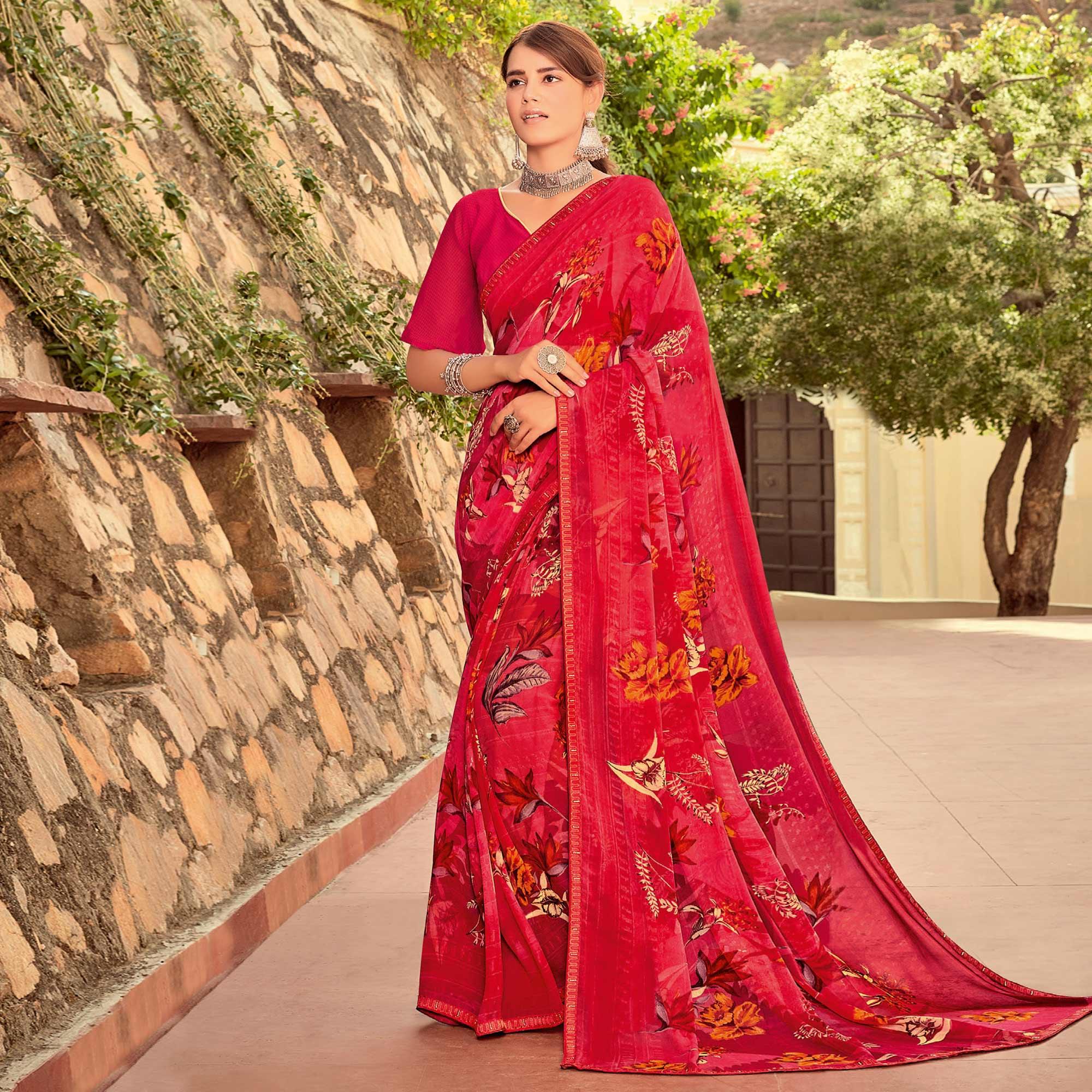 Peachmode Seller Coral Pink Casual Wear Printed Georgette Saree