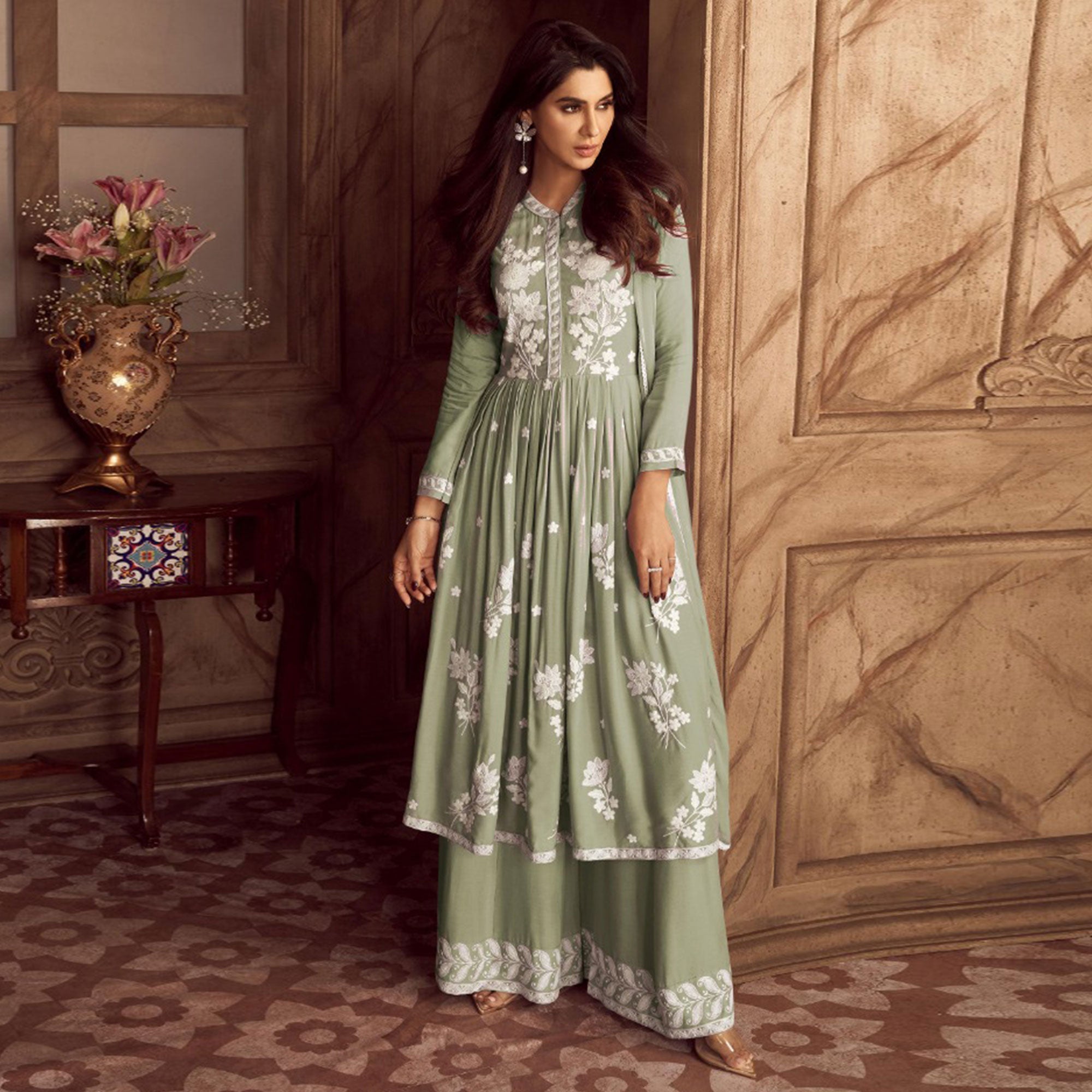 Peachmode Light Green Lucknowi Embroidered Rayon Palazzo Suit