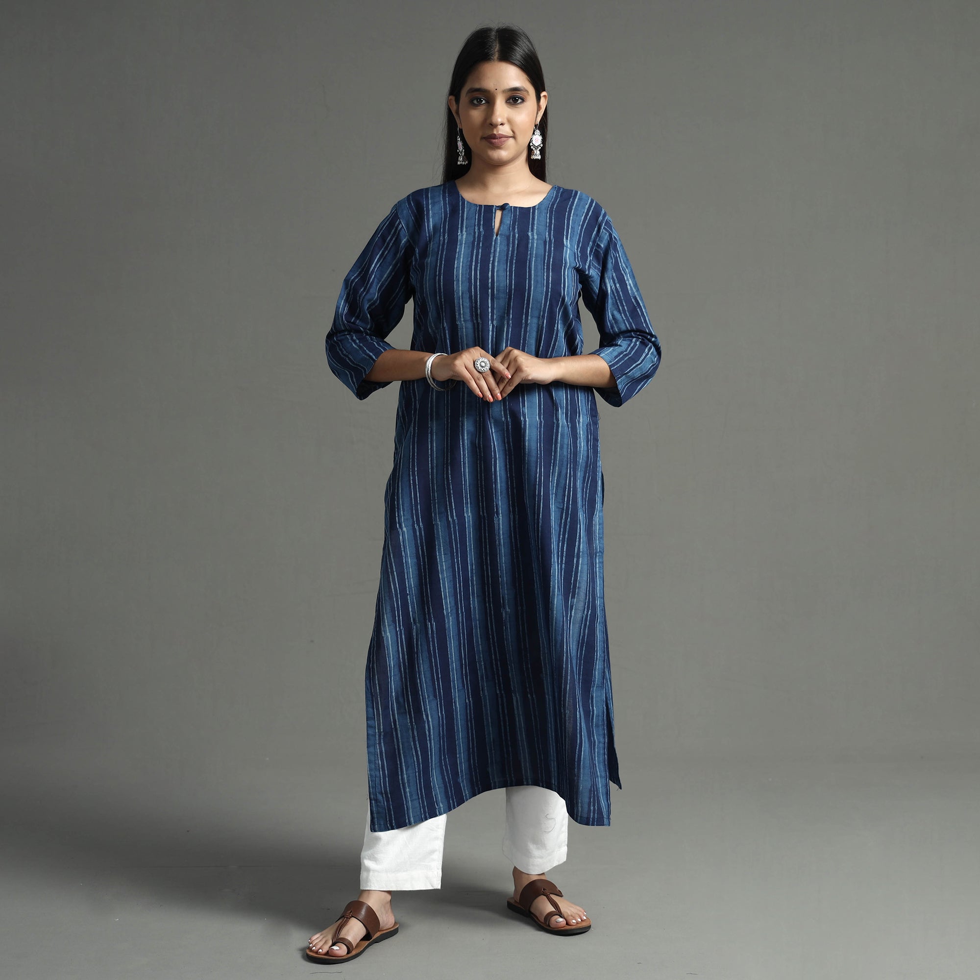 ITOKRI CASUALS Blue - Akola Block Printed Cotton Long Straight Kurta - view 2