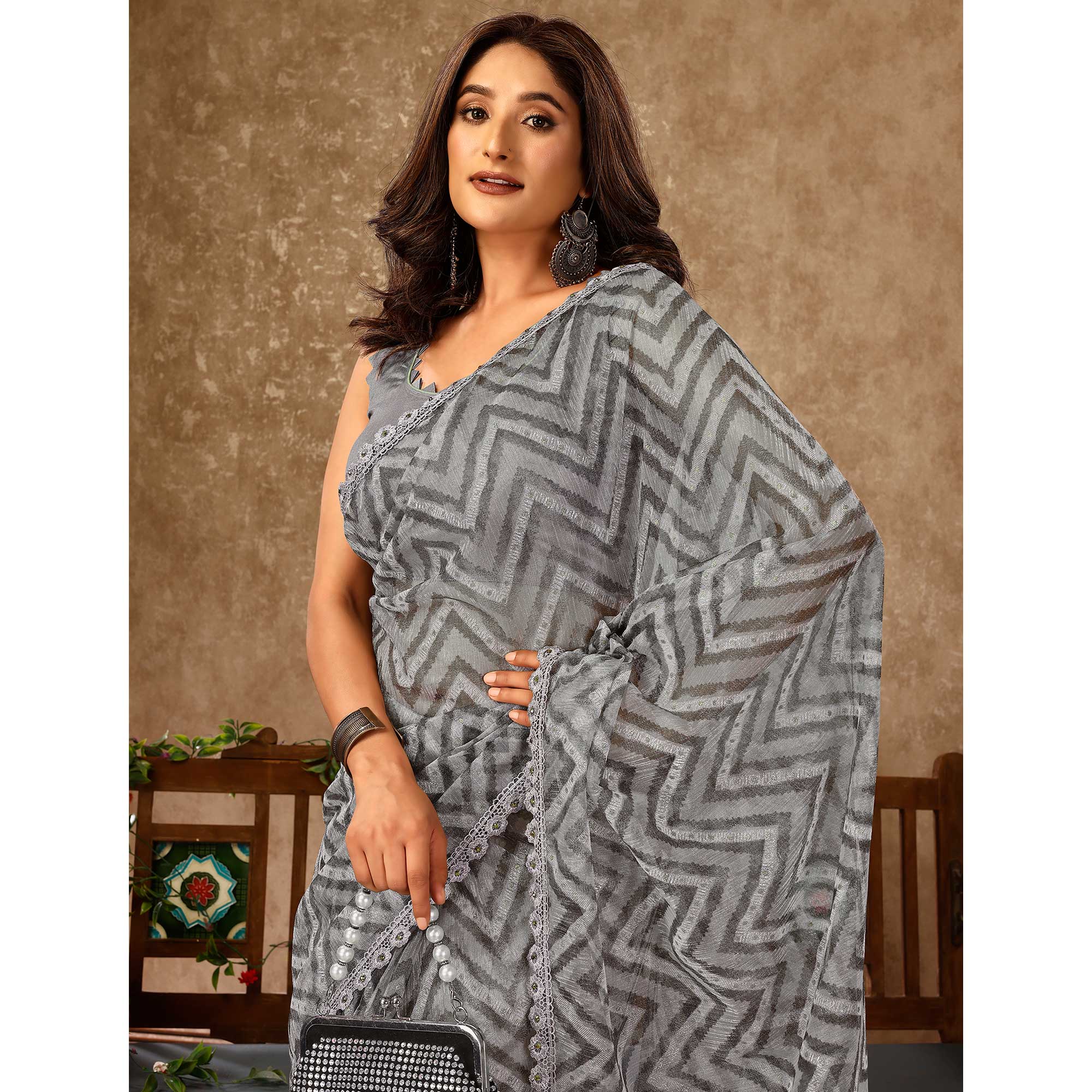 Peachmode Seller Grey Zig Zag Printed With Stone Work Organza Ready To Wear Saree - view 7