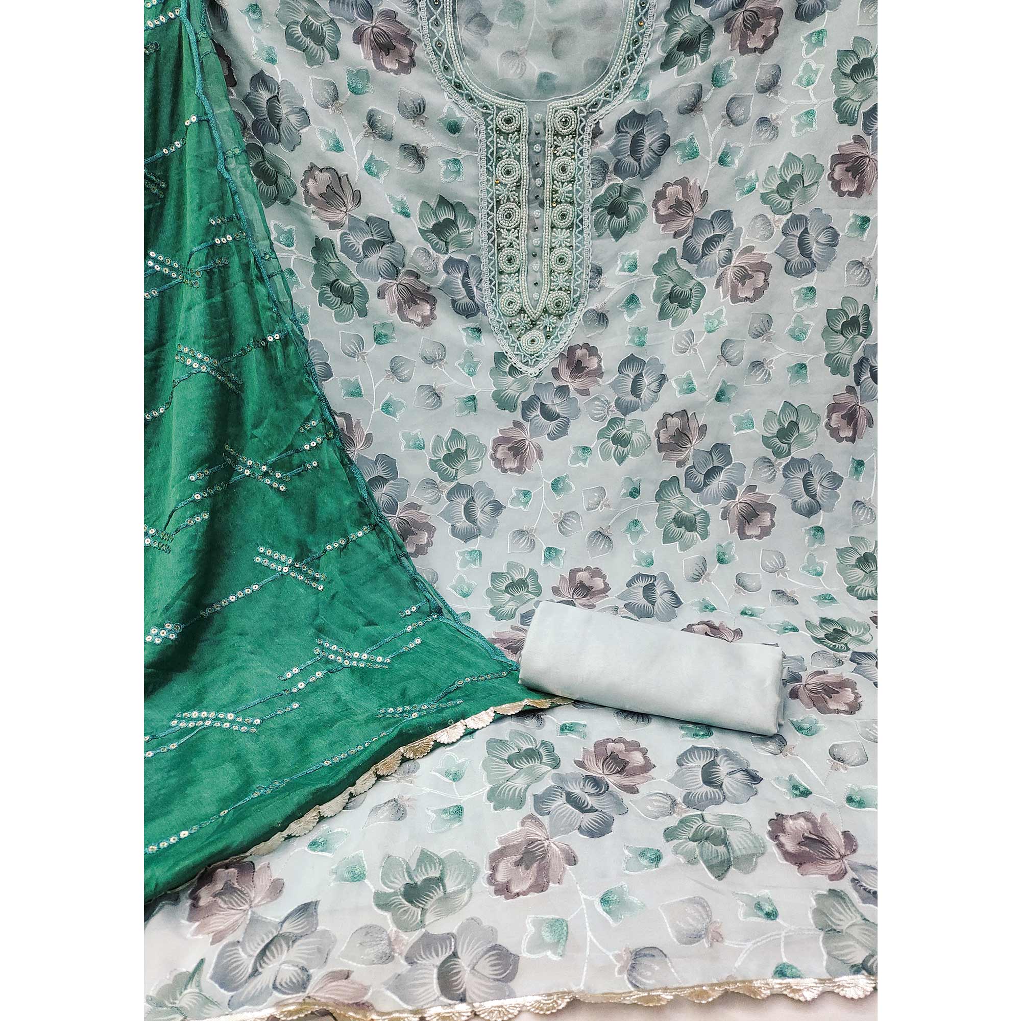 Peachmode Light Grey Hand Embroidery With Digital Printed Organza Dress Material - view 4