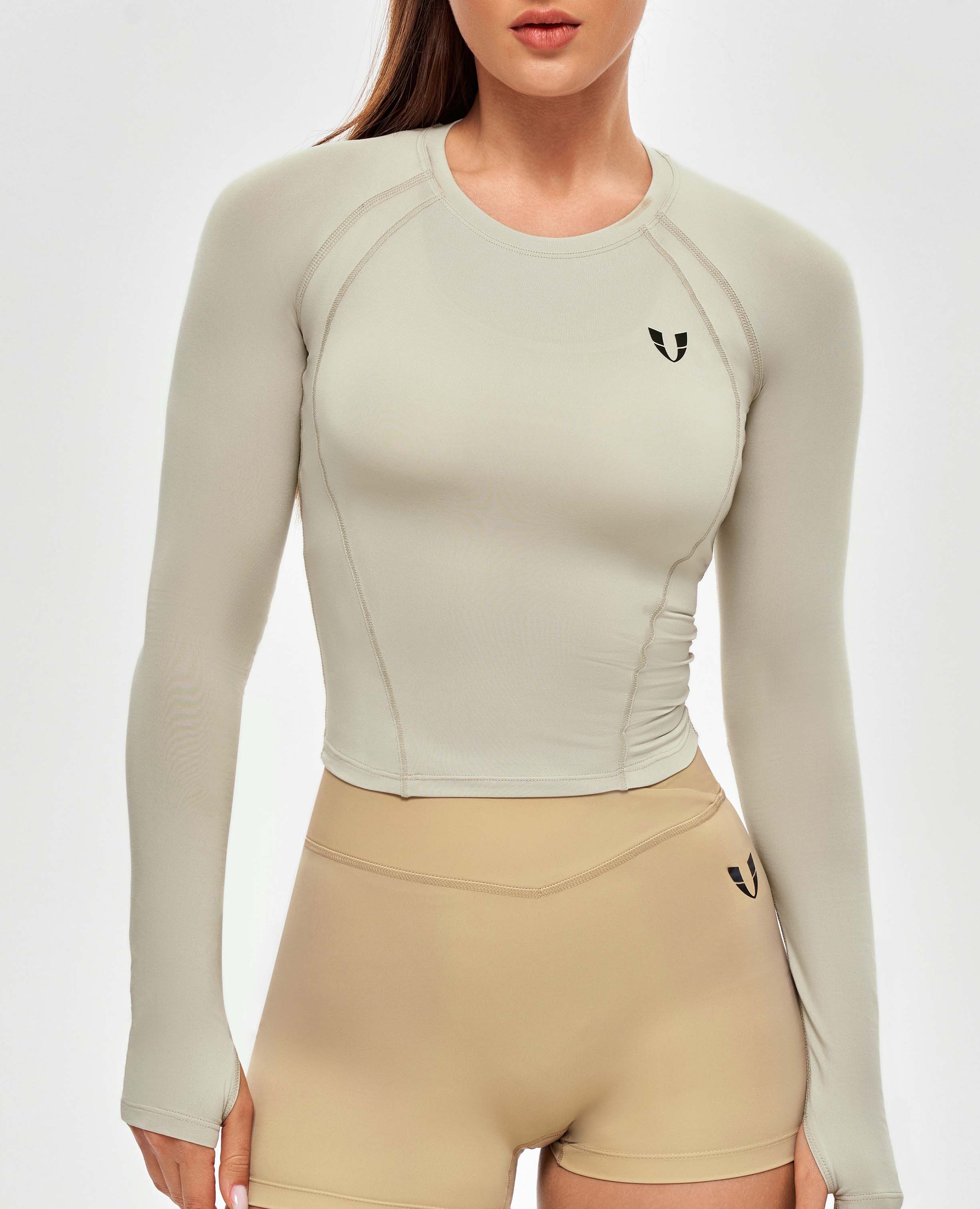 FIRM ABS Long Sleeve Crop Top - Beige