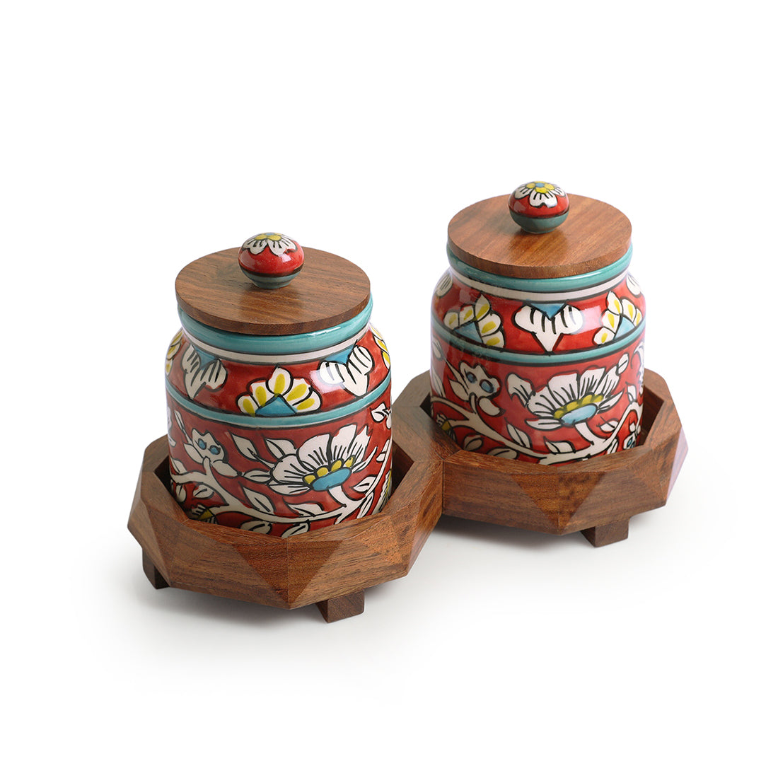 EXCLUSIVELANE 'Mughal Floral' Hand-Painted Ceramic Storage Jars & Containers with Tray (Set of 2, 440 ML) - view 3