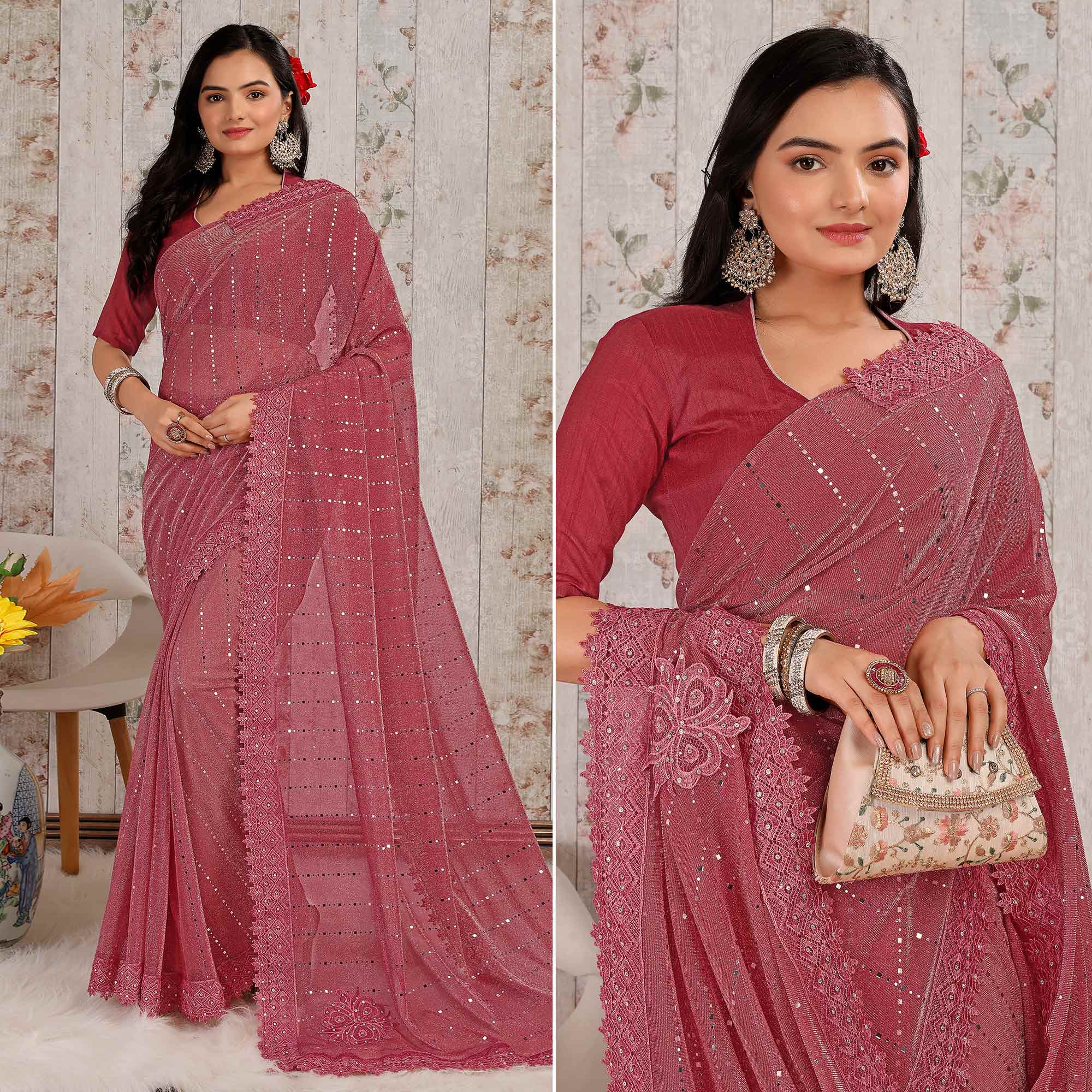 Peachmode Gajari Pink Tikali With Floral Embroidered Lycra Saree