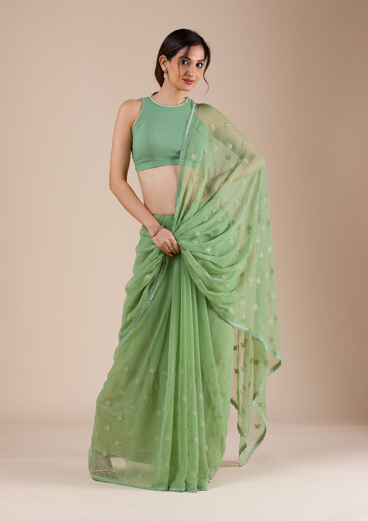 Koskii Pista Green Threadwork Chiffon Saree – Women's