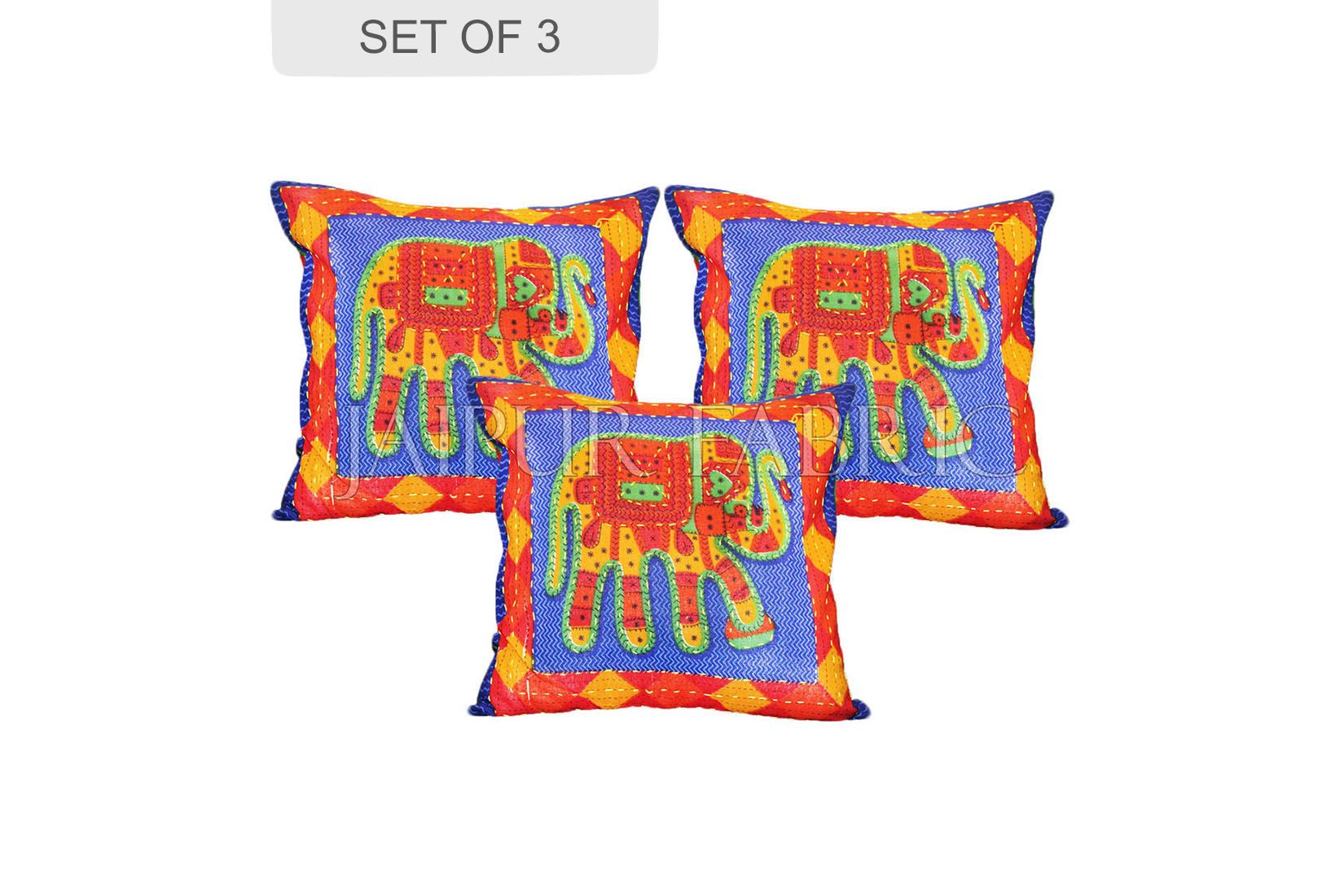 JaipurFabric® Blue Jaisalmer handmade Embroidery with Thread work Elephant Print Cushion cover