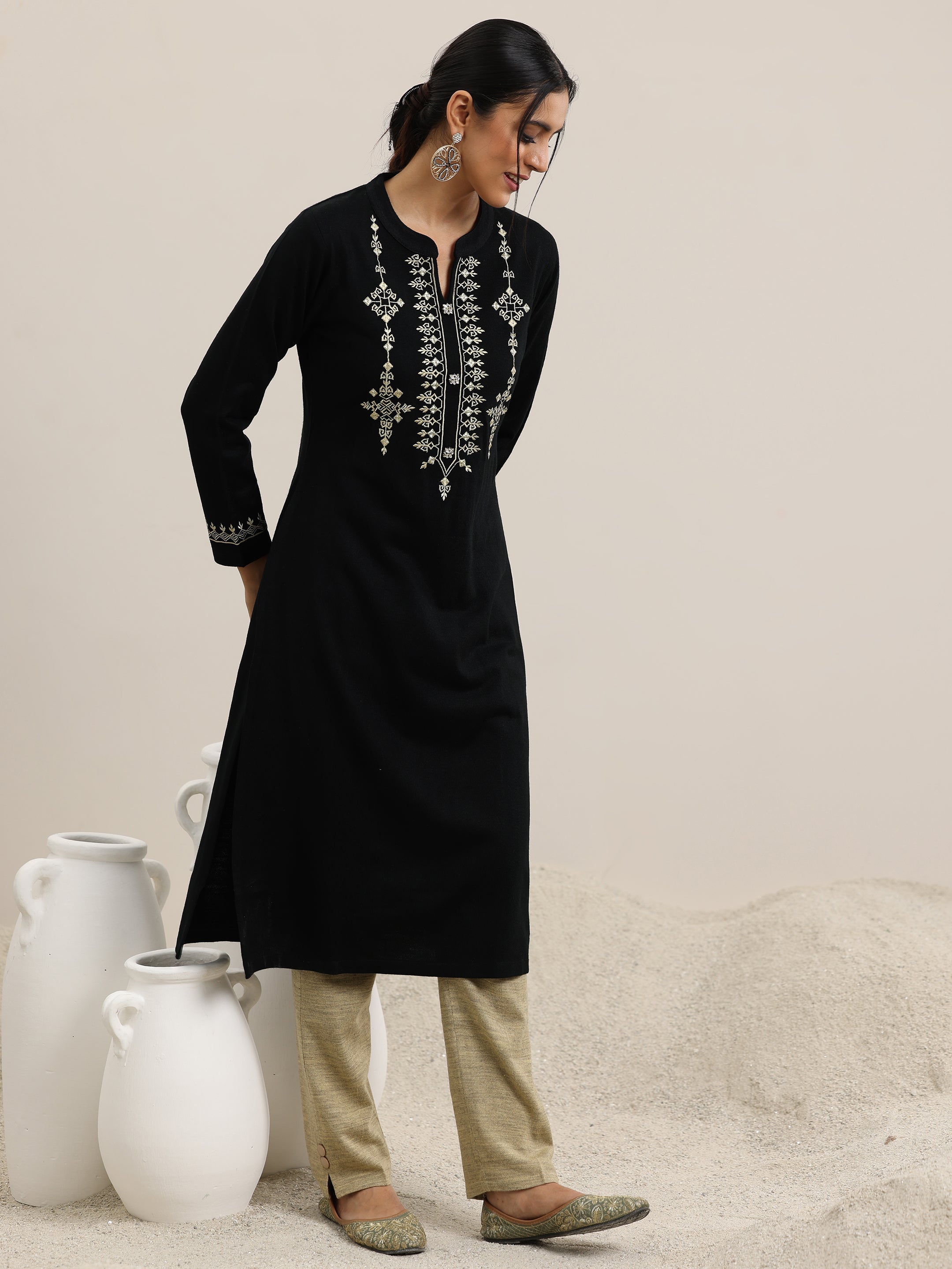Libas Black Yoke Design Wool Blend Straight Suit With Dupatta - view 2