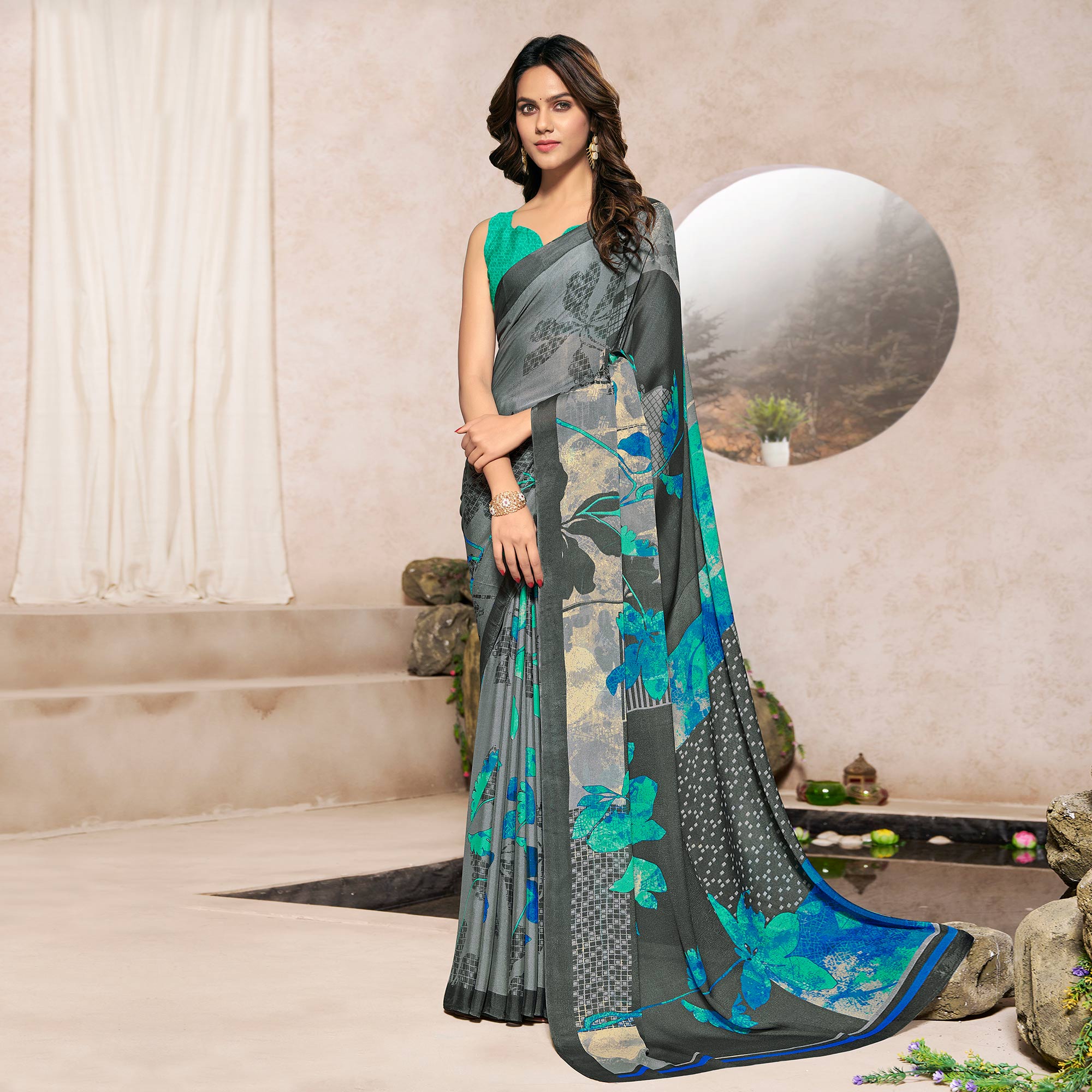 Grey sarees – BlackTree grey-turquoise-printed-georgette-saree