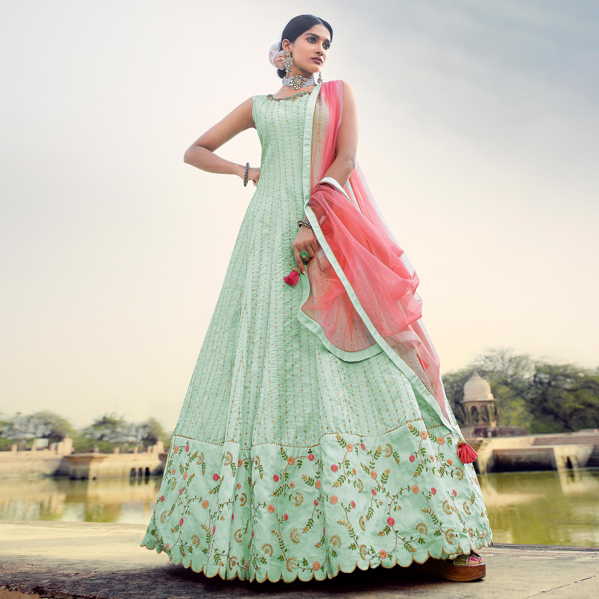 Peachmode Seller Light Sea Green Sequins Embroidered Raw Silk Gown