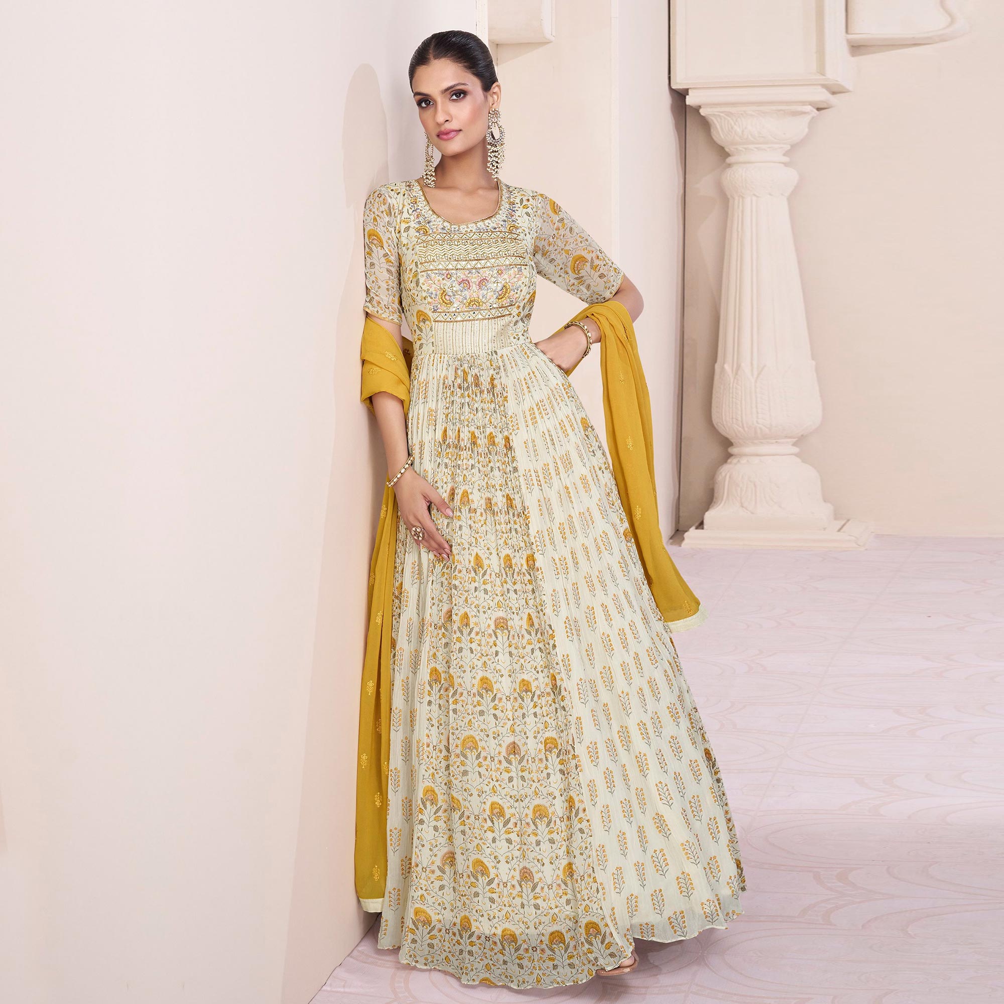 Peachmode Cream Embroidered With Printed Georgette Semi Stitched Anarkali Suit - view 2