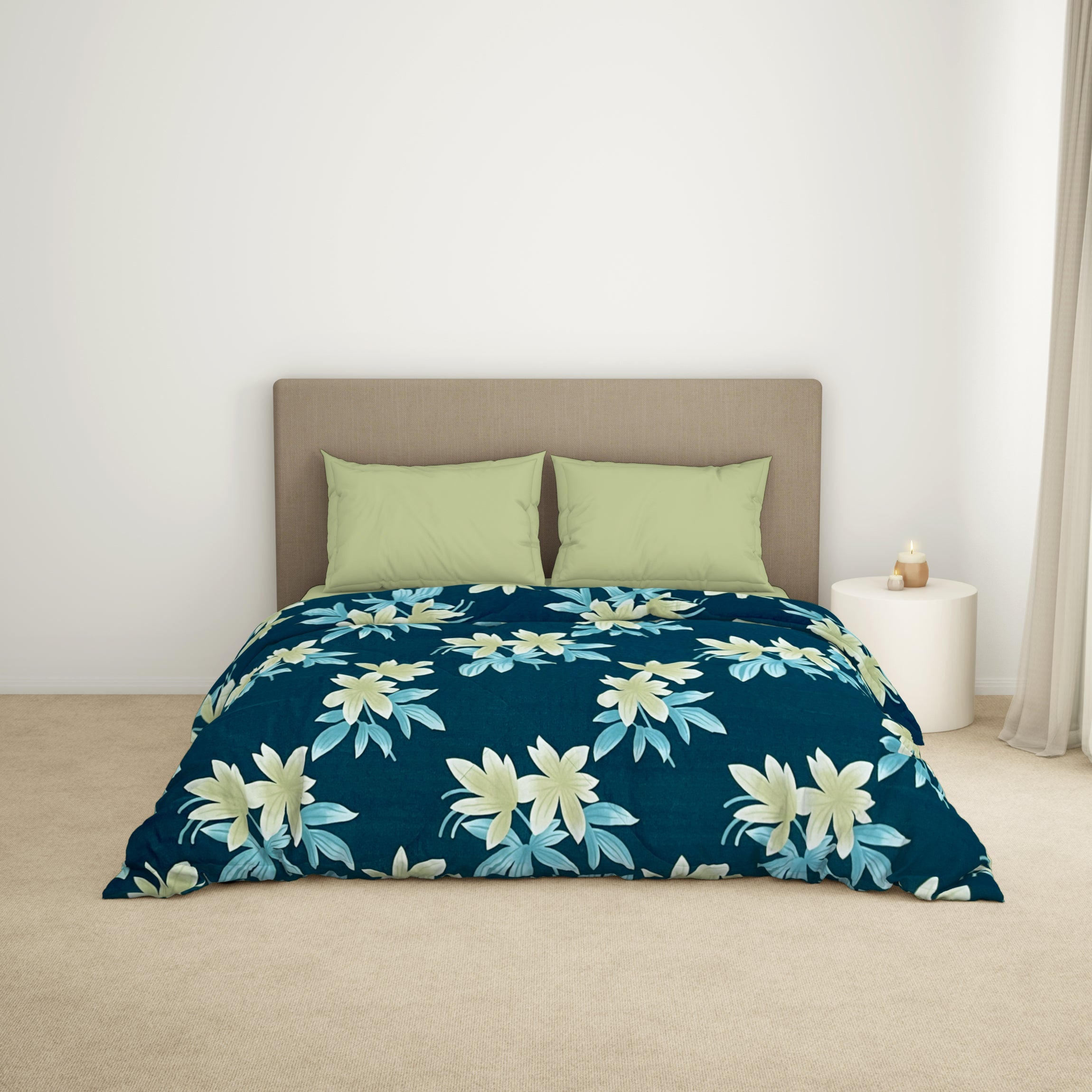 Spaces India Floral Dark Blue Microfiber Shell Double Quilt / AC Comforter - Bliss By Welspun