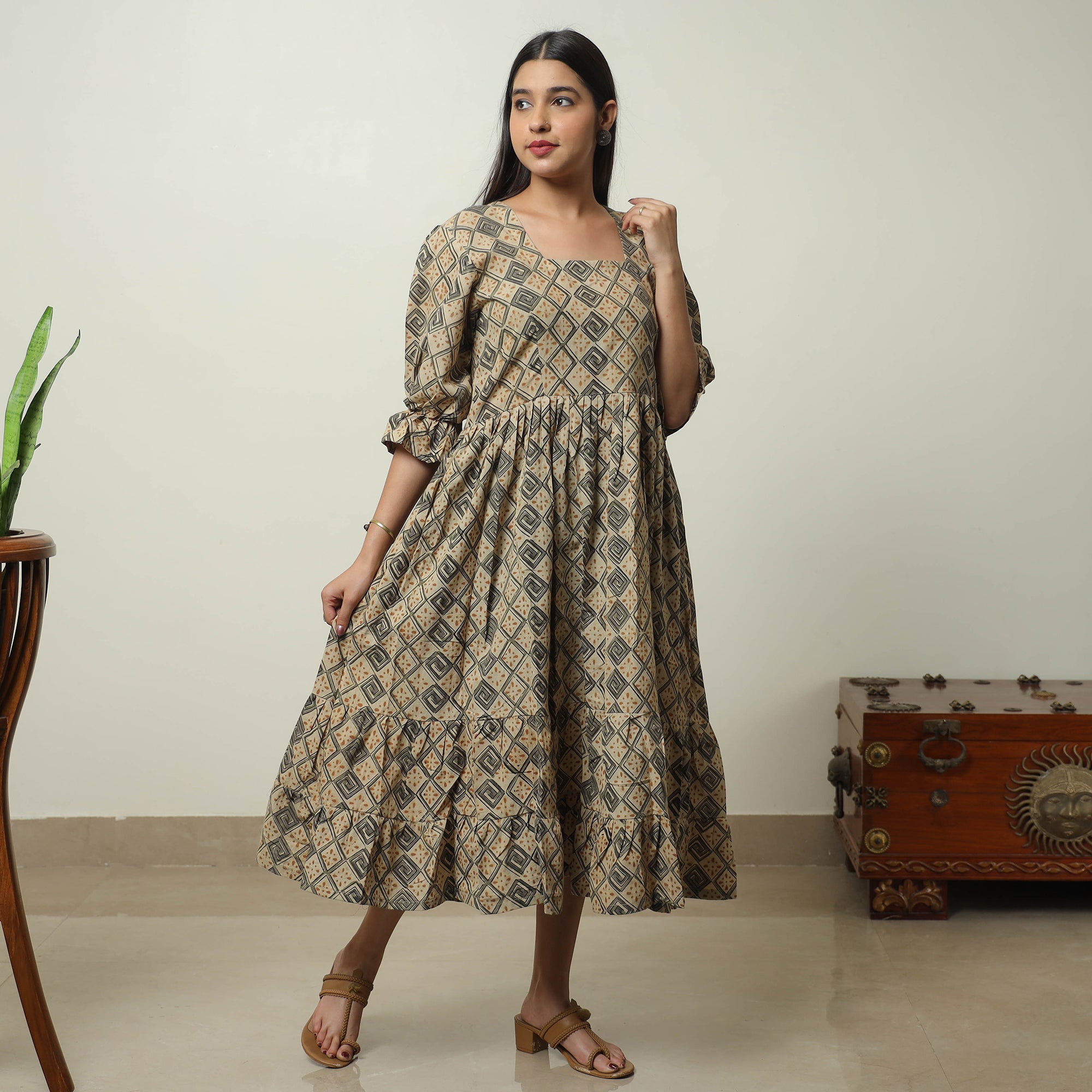 ITOKRI CASUALS Beige - Kalamkari Block Printed Cotton Tiered Dress 08 - view 2