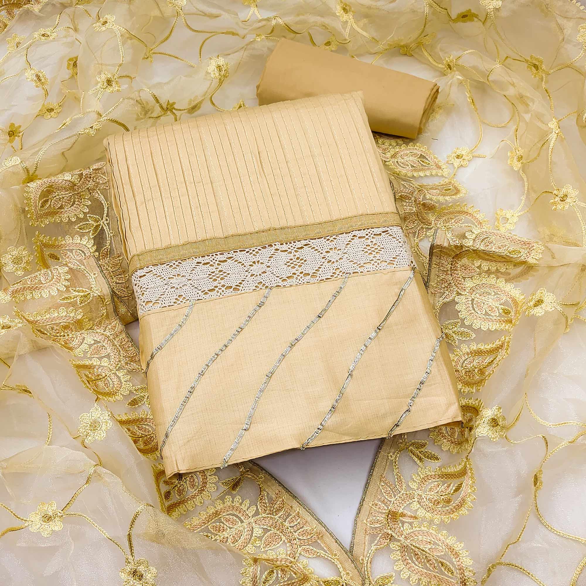 Peachmode Cream Embroidered Pure Cotton Dress Material