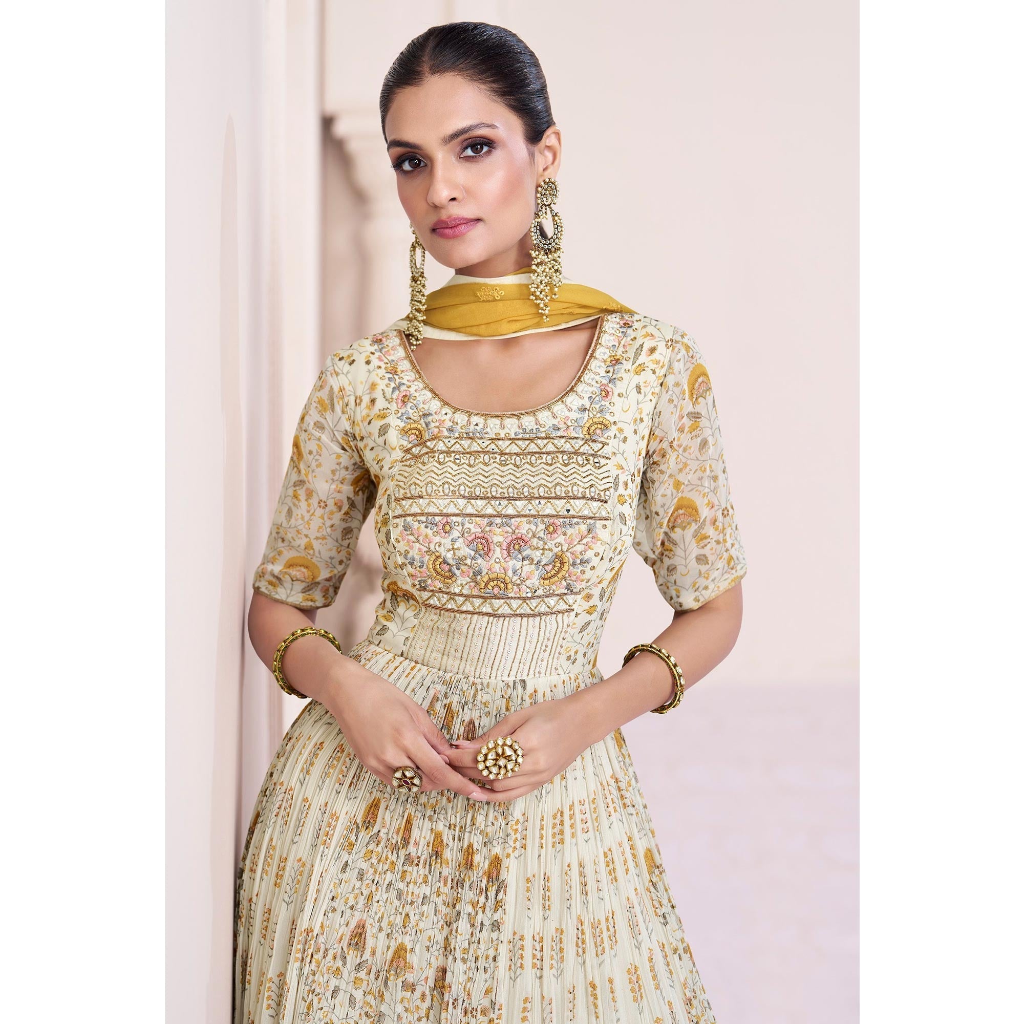 Peachmode Cream Embroidered With Printed Georgette Semi Stitched Anarkali Suit - view 4