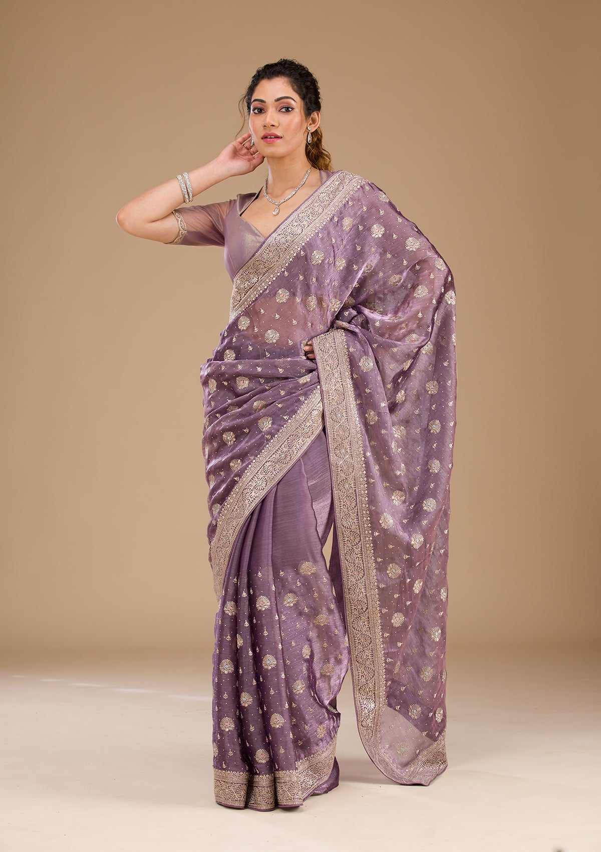 Koskii Lavender Zariwork Tissue Saree – Women's