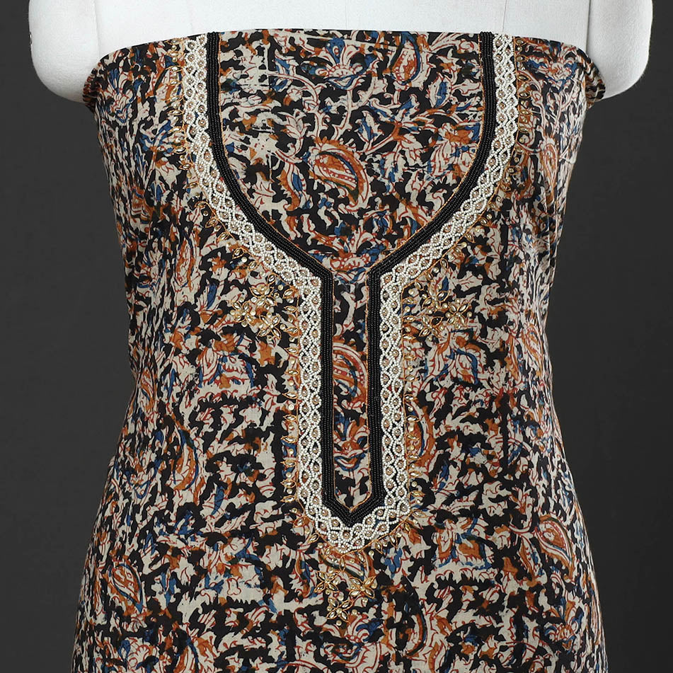 NOORI BAZAR Black - Embroidered Cotton Kalamkari Print Kurta Material (2.6m) - view 3