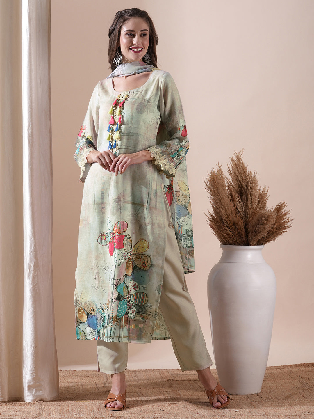 Fashor Floral Printed Sea Shell & Sequinned Cutwork Lace Embellished Kurta with Pants & Dupatta - Beige