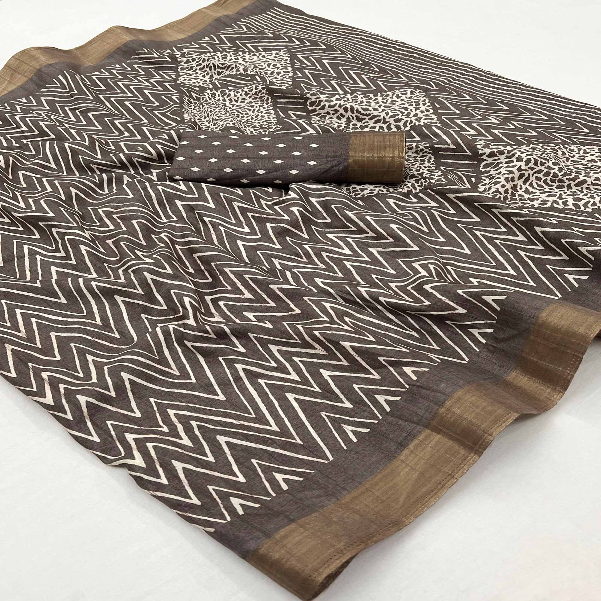 Peachmode Brown Printed Cotton Blend Saree With Woven Border