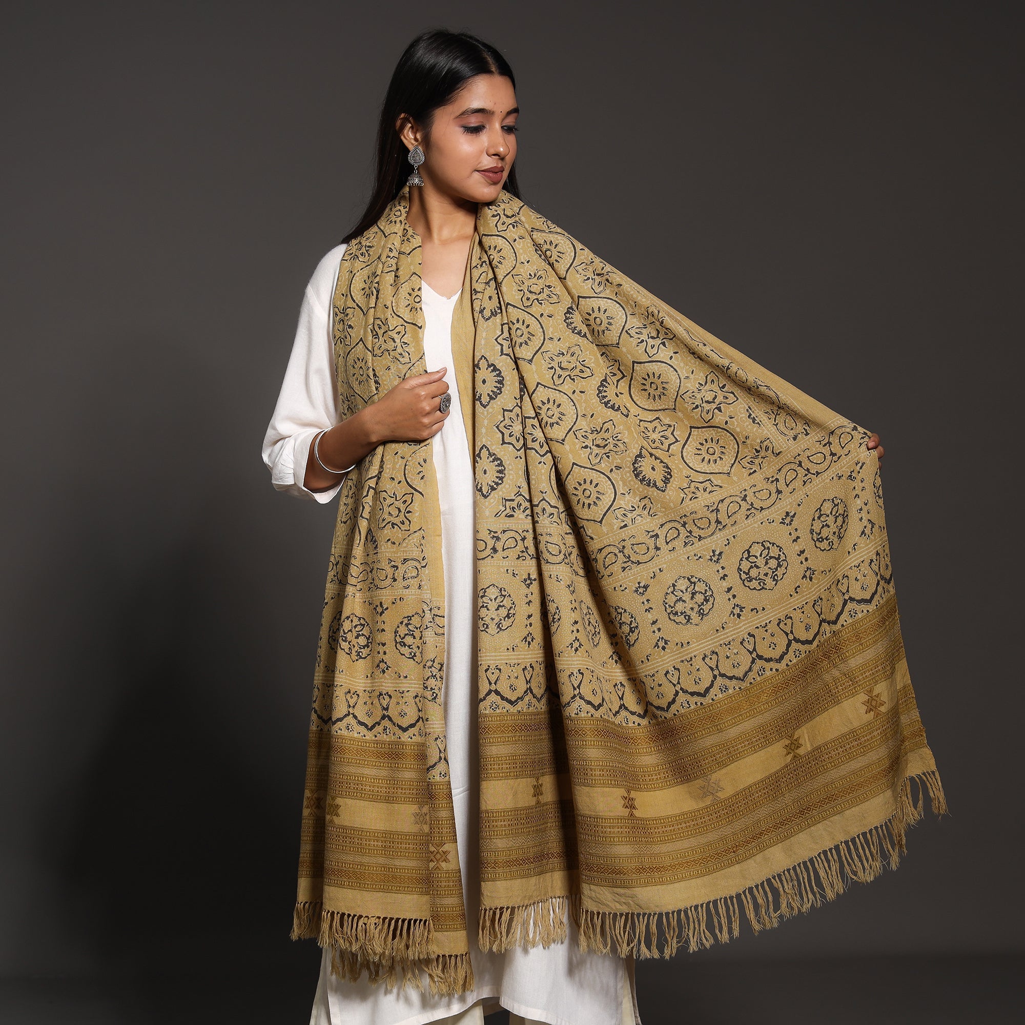 VANKAR BHIMJI KANJI Brown - Kutch Traditional Ajrakh Block Printed Handwoven Pure Wool Shawl - view 3