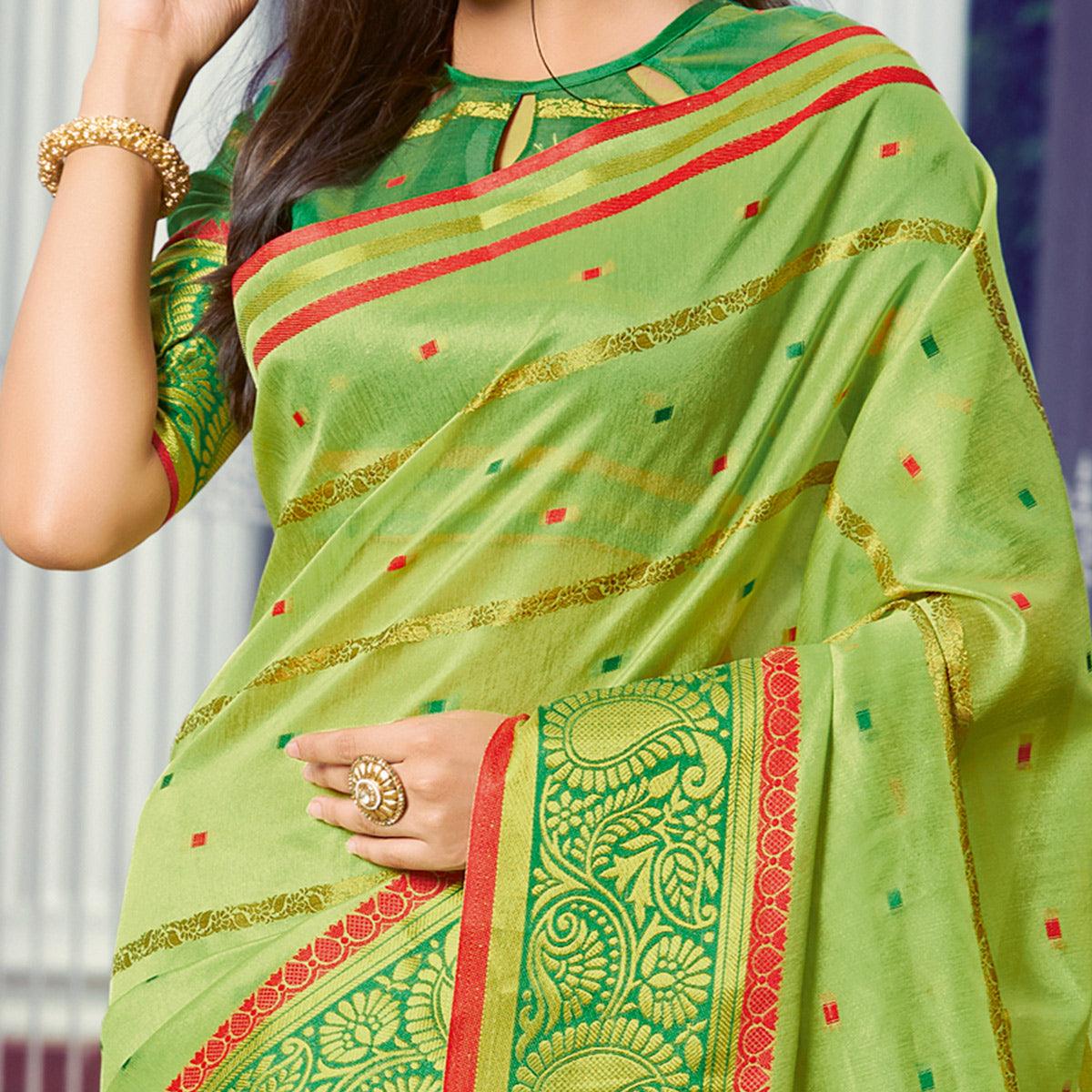 Peachmode Ethnic Green Colored Festive Wear Woven Handloom Silk Saree - view 2