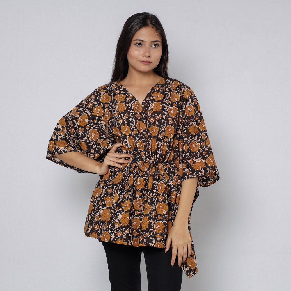 ITOKRI CASUALS Black - Sanganeri Block Printed Cotton Kaftan with Tie-Up Waist (Short)