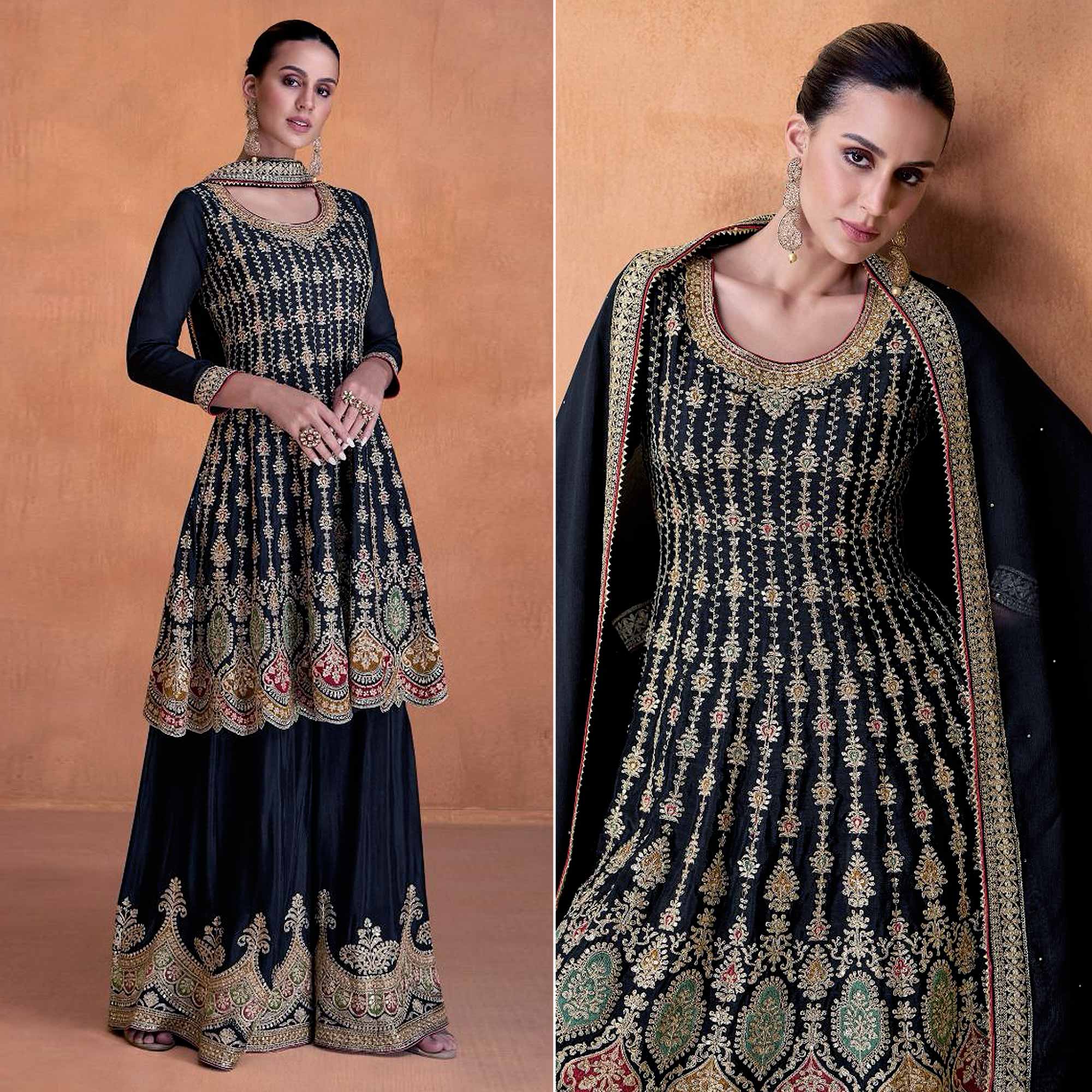 Peachmode Dark Blue Sequins Embroidered Georgette Semi Stitched Sharara Suit