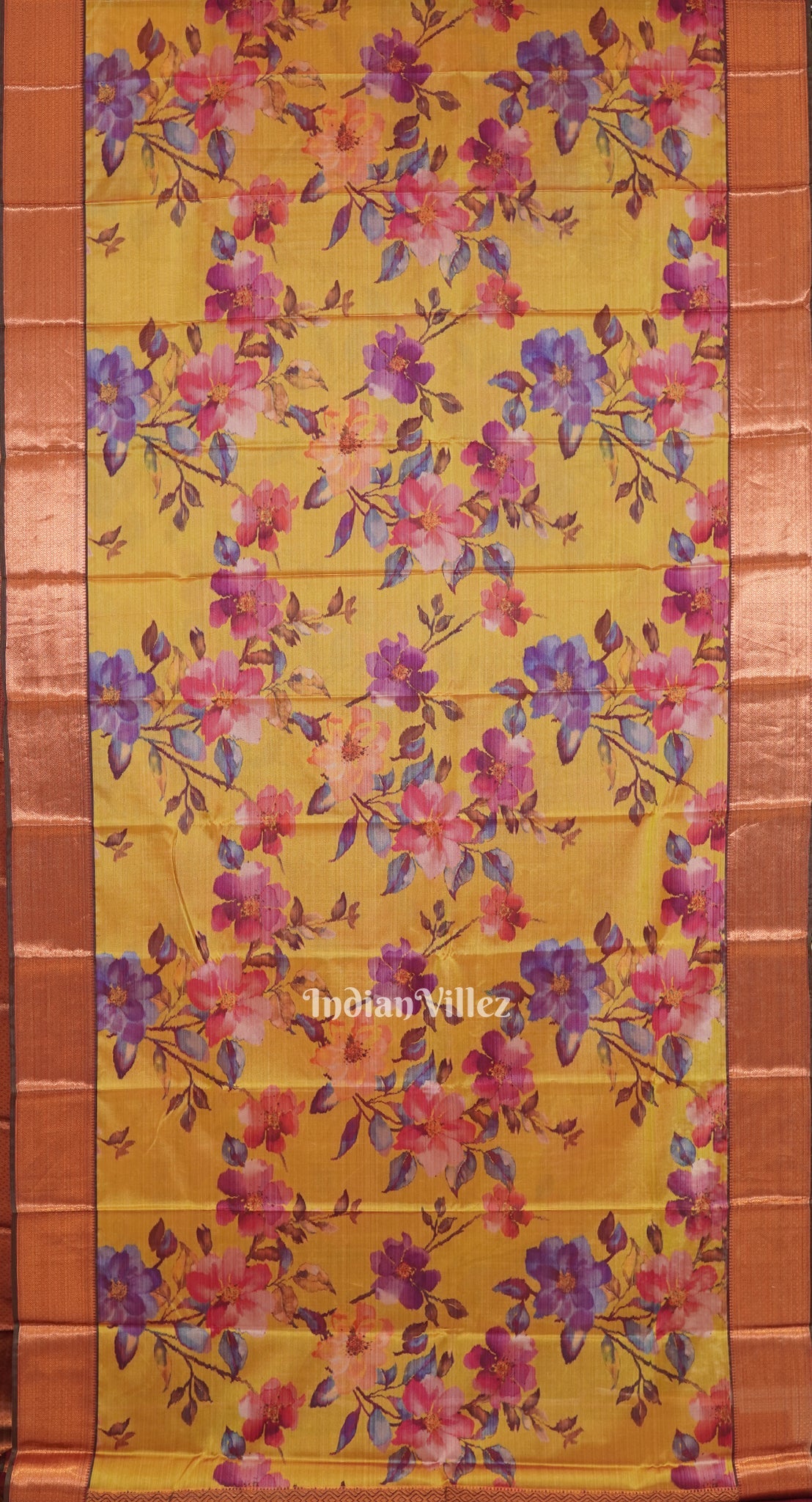 IndianVillèz Yellow Floral Digital Print Kanjivaram Silk Saree - view 3