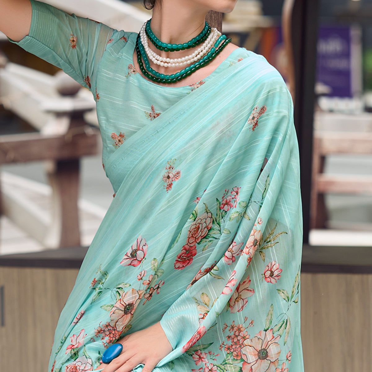 Peachmode Blue Floral Digital Printed Georgette Saree - view 2