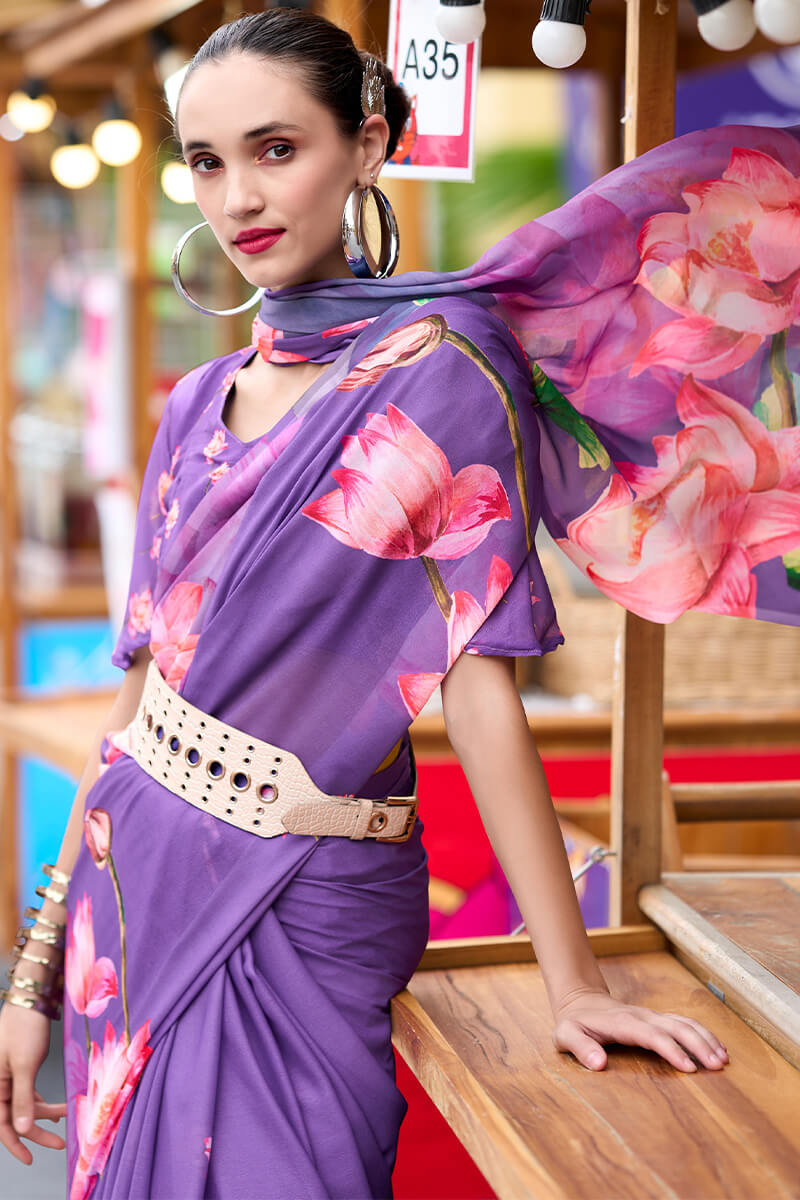 Rajpath Opulent Lavender Digital Printed Georgette Saree With Prominent Blouse Piece - view 4