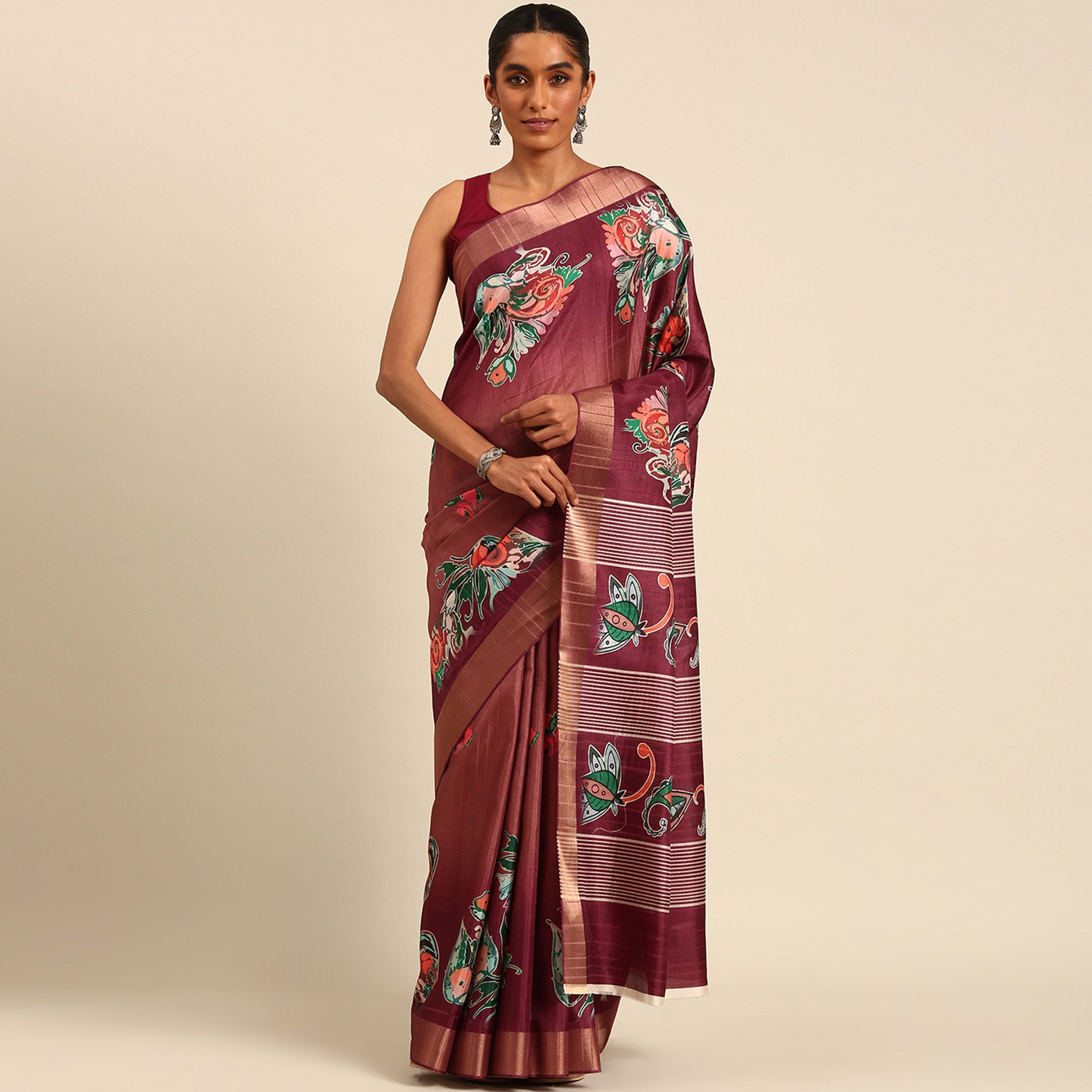 Peachmode Maroon Digital Printed Cotton Blend Saree With Woven Border - view 2
