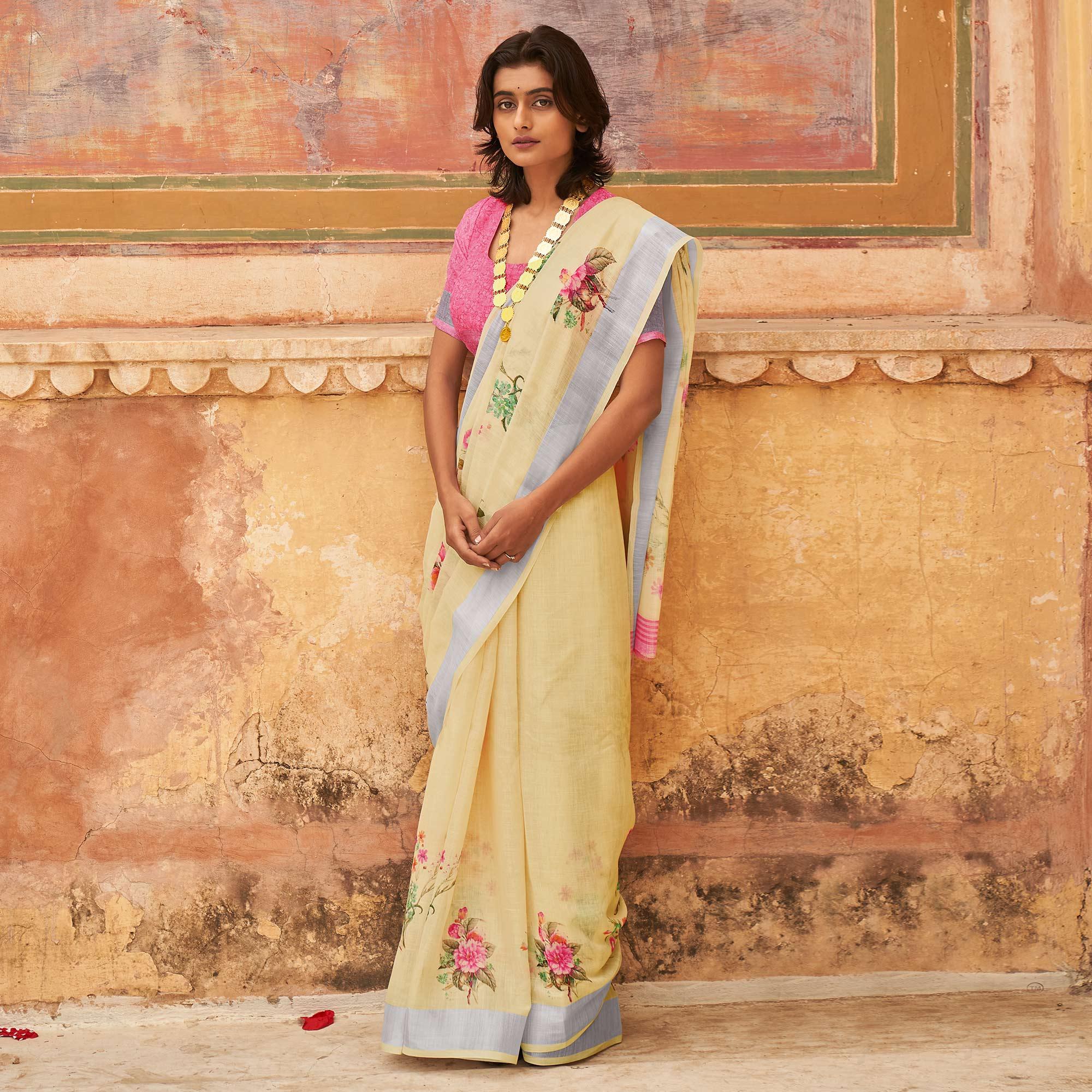 Peachmode Cream Casual Wear Floral Printed Zari Border Soft Linen Cotton Saree