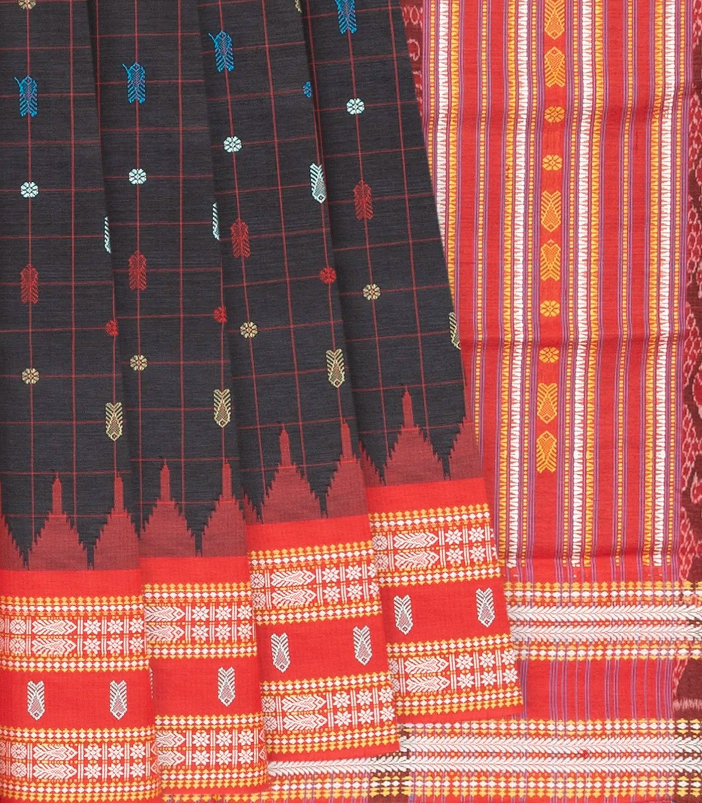RmKV Black Handloom Orissa Silk Saree With Checks & Contrast Red Border-Black