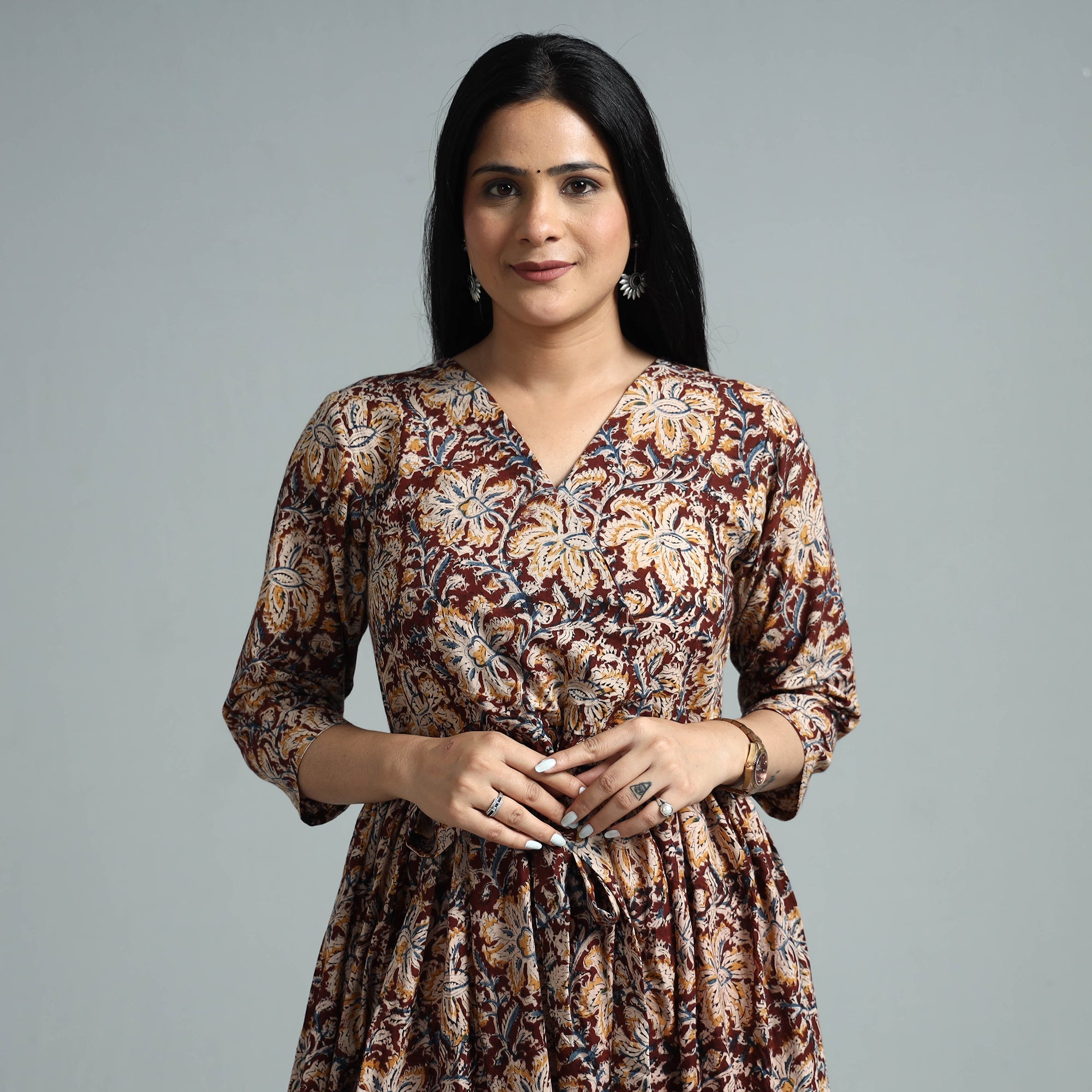 ITOKRI CASUALS Brown - Kalamkari Block Printed Cotton Flared Gher Dress - view 3