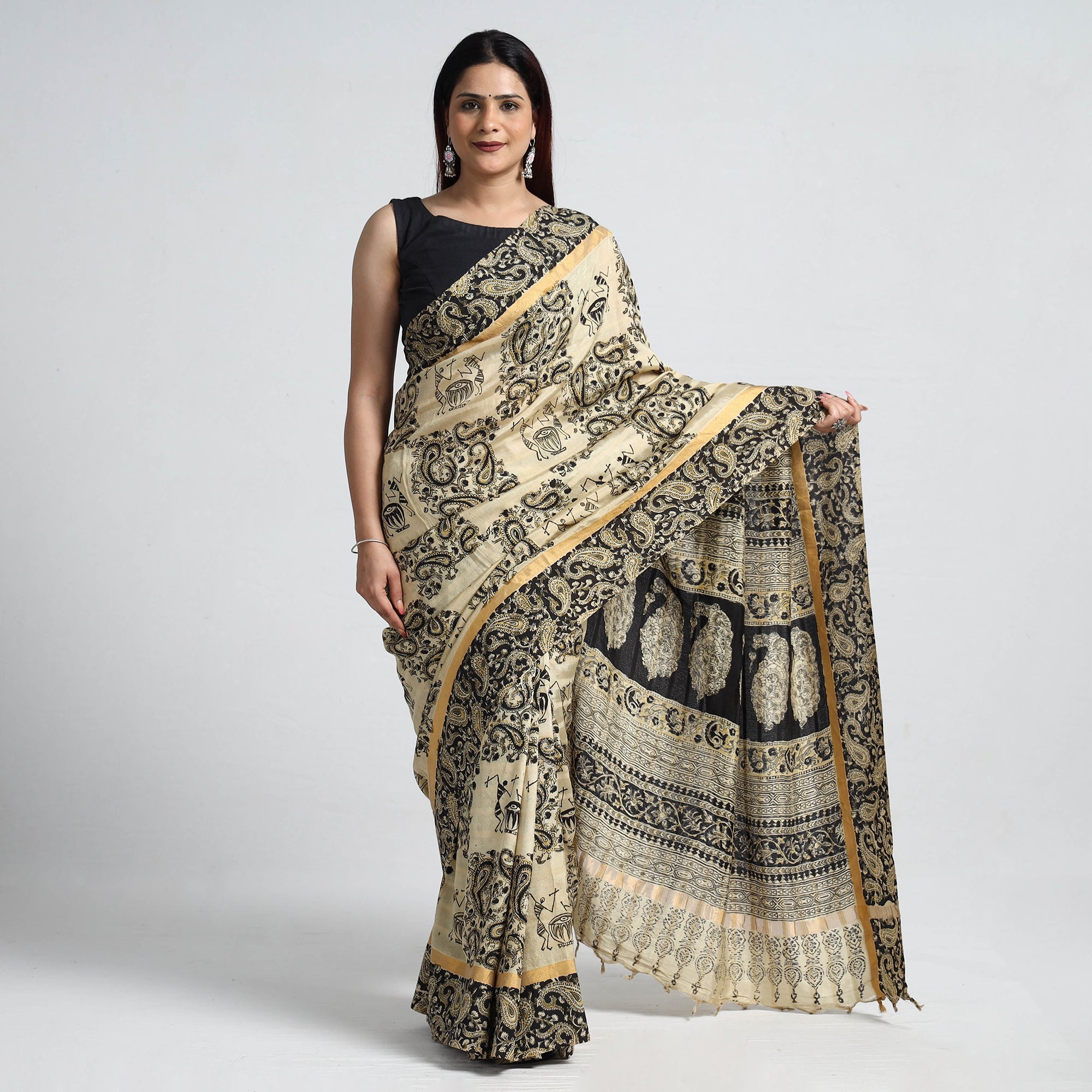 SOUTH KARGHA Beige - Kalamkari Printed Silk Cotton Saree with Zari Border - view 2