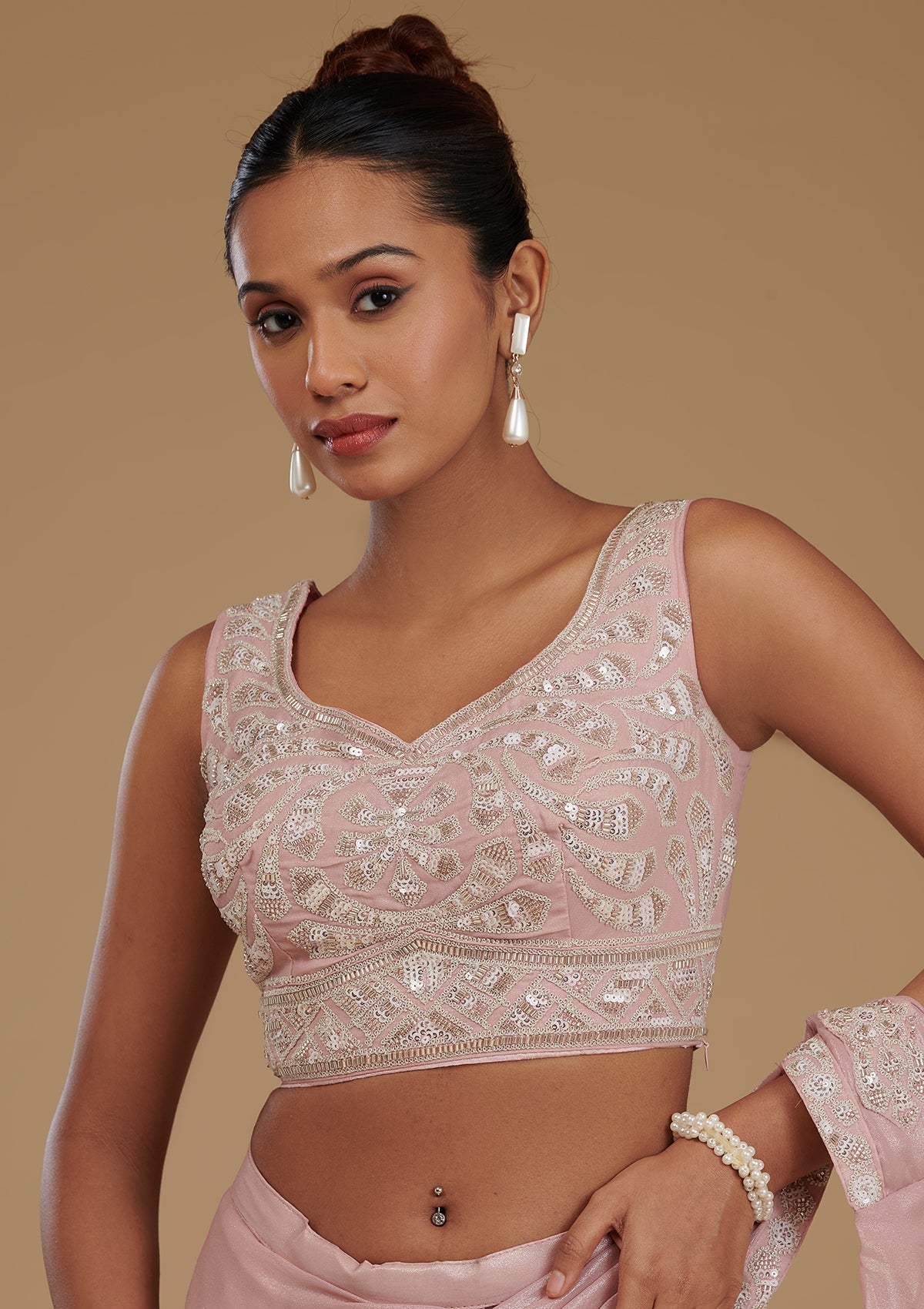 Koskii Peach Sequins Chiffon Readymade Saree – Women's - view 8