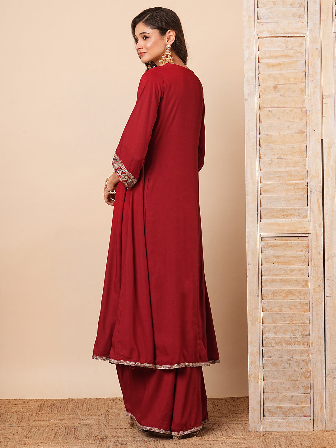 Fashor Solid Floral Embroidered Anarkali Kurta with Flared Palazzo- Maroon - view 6