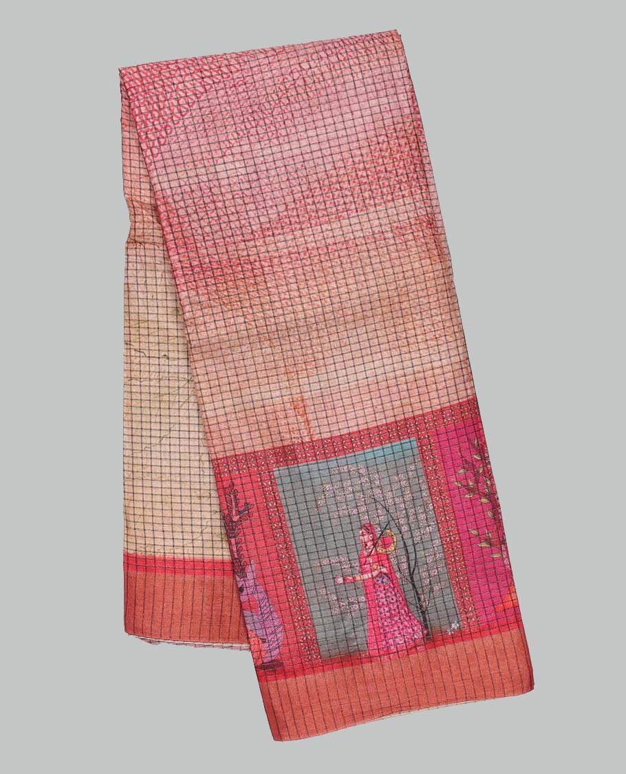 Pothys Multi-color-checked semi-banaras linen saree with human motifs print, striped border