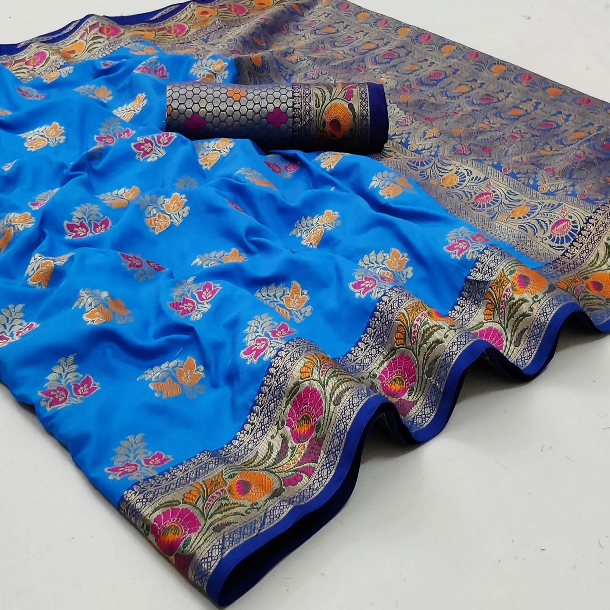 Peachmode Dark Firoji Festive Wear Floral Woven Soft Silk Saree