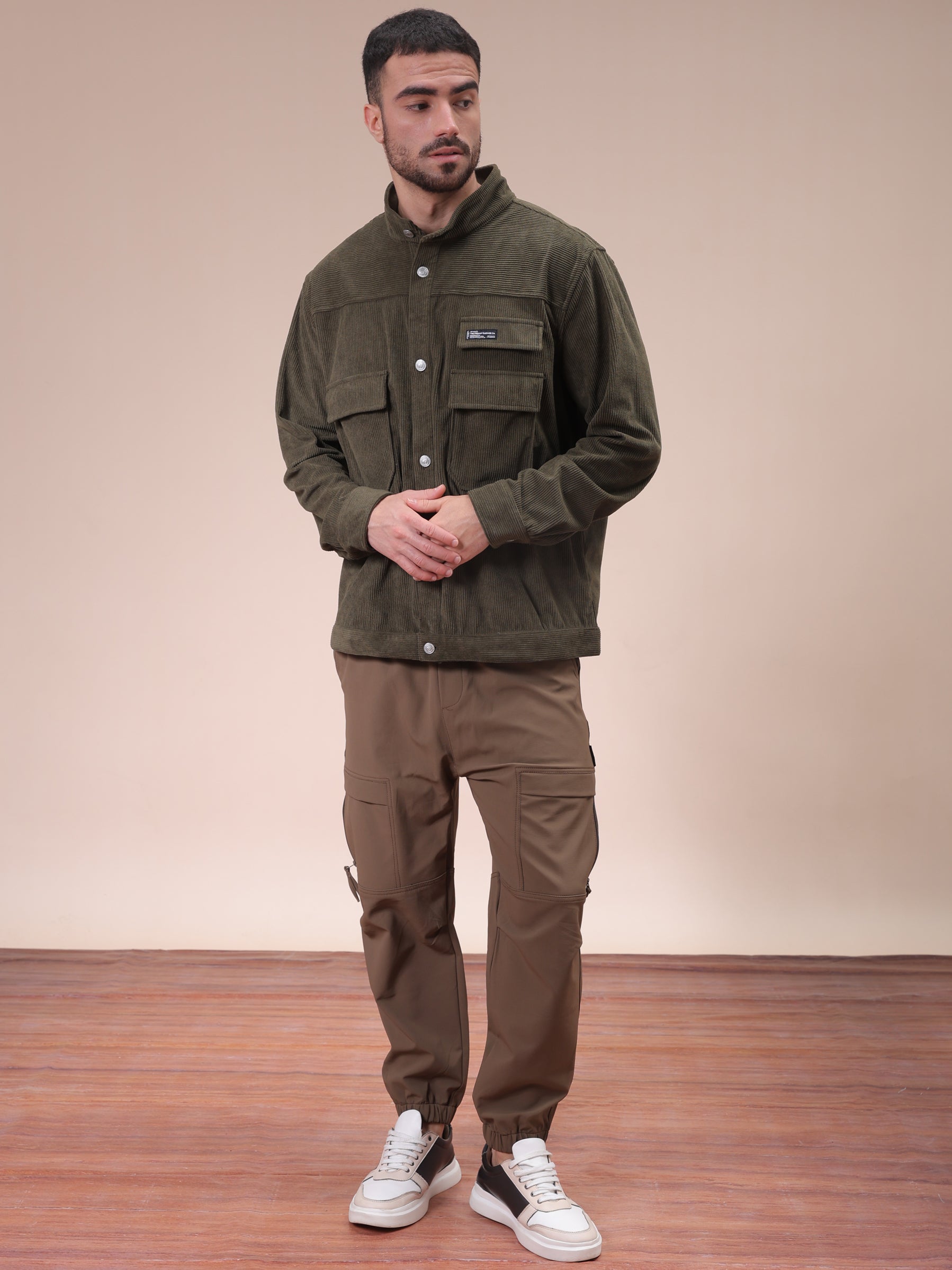 The Indian Garage Co Men's Olive Relaxed Fit Knitted Corduroy Utility Jacket - view 2