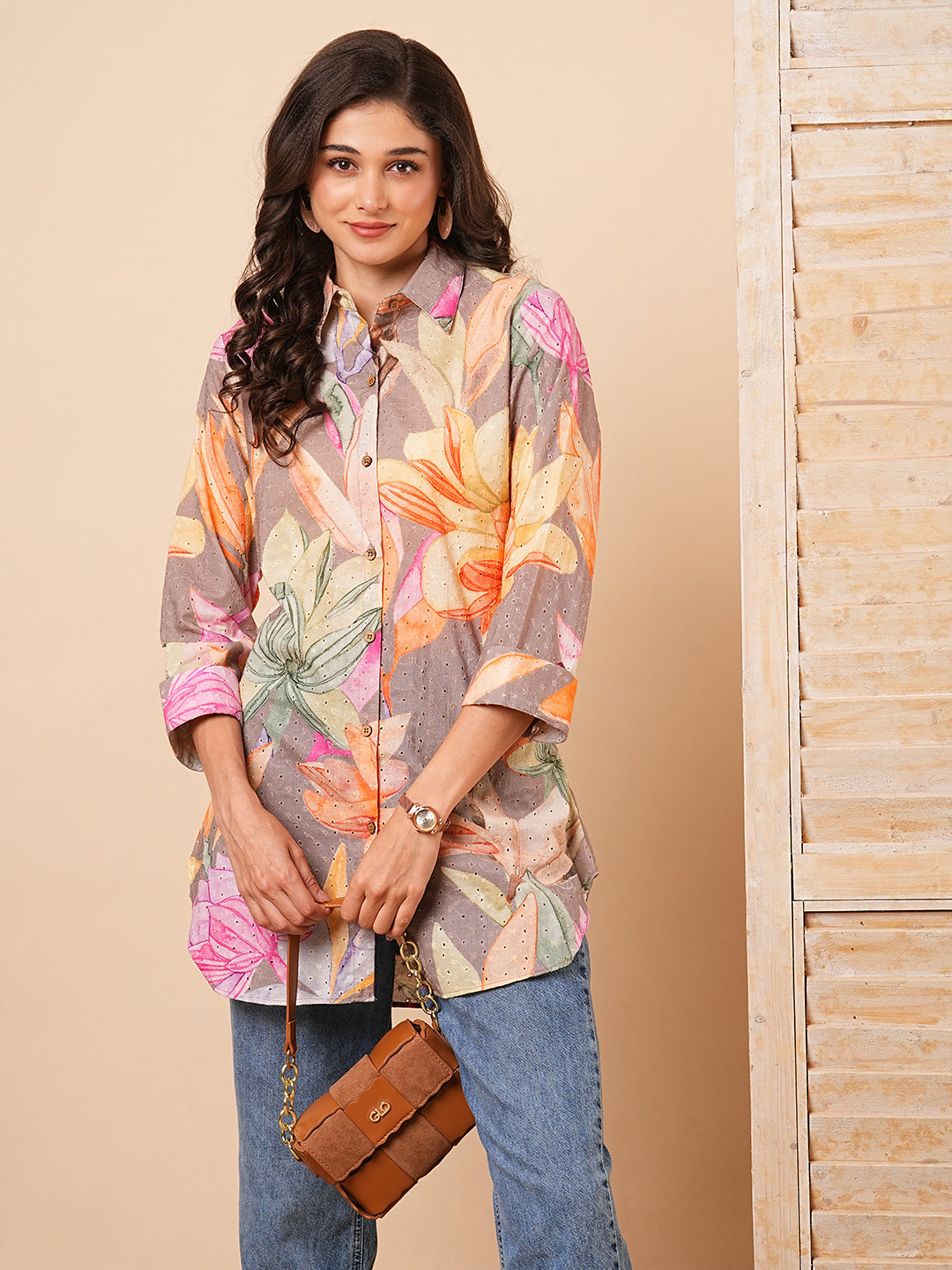 Fashor Abstract Floral Printed Schiffli Straight Fit Kurti - Multi