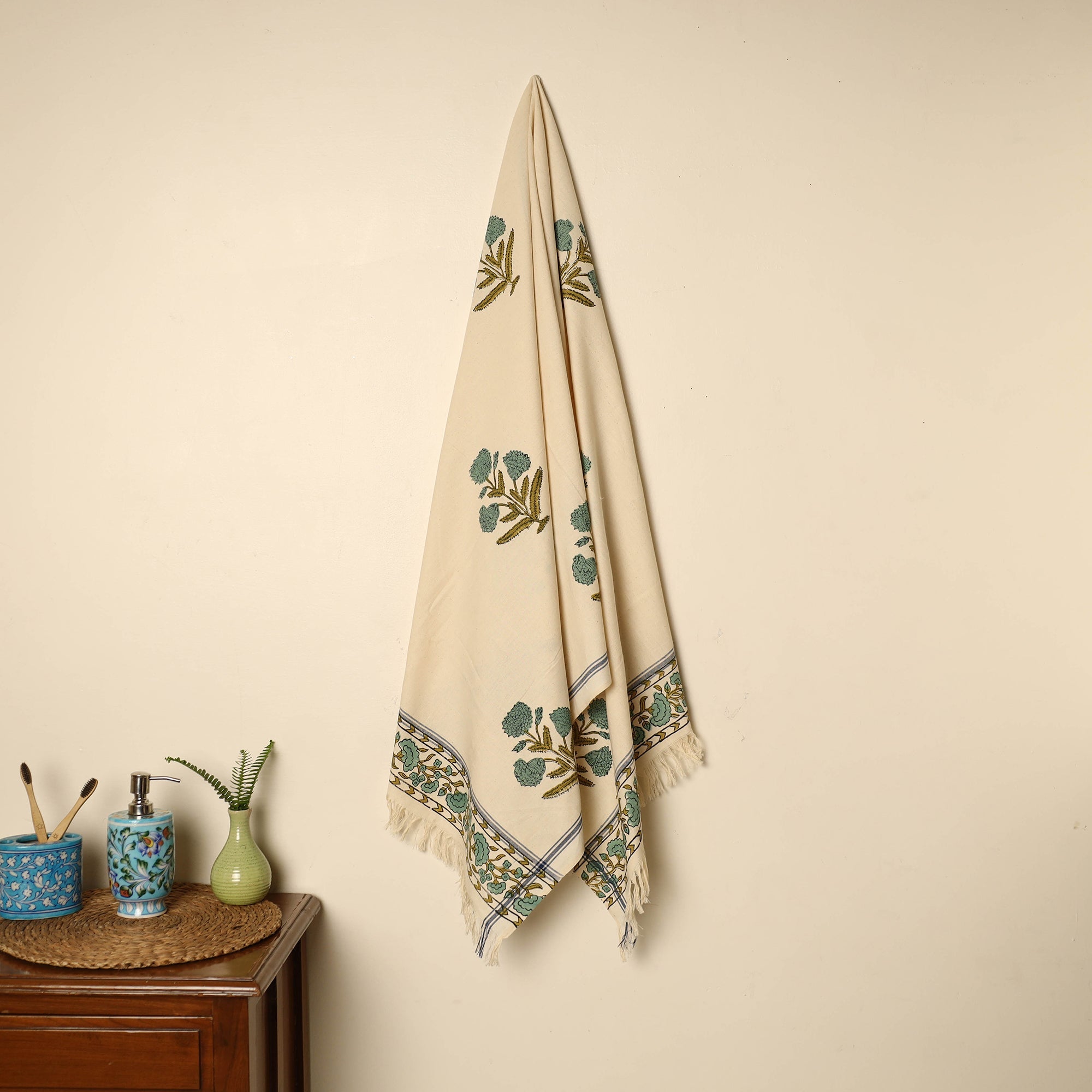 ARTISAN HAND BLOCK PRINTS Beige - Block Printed Handloom Cotton Sanganeri Towel 04