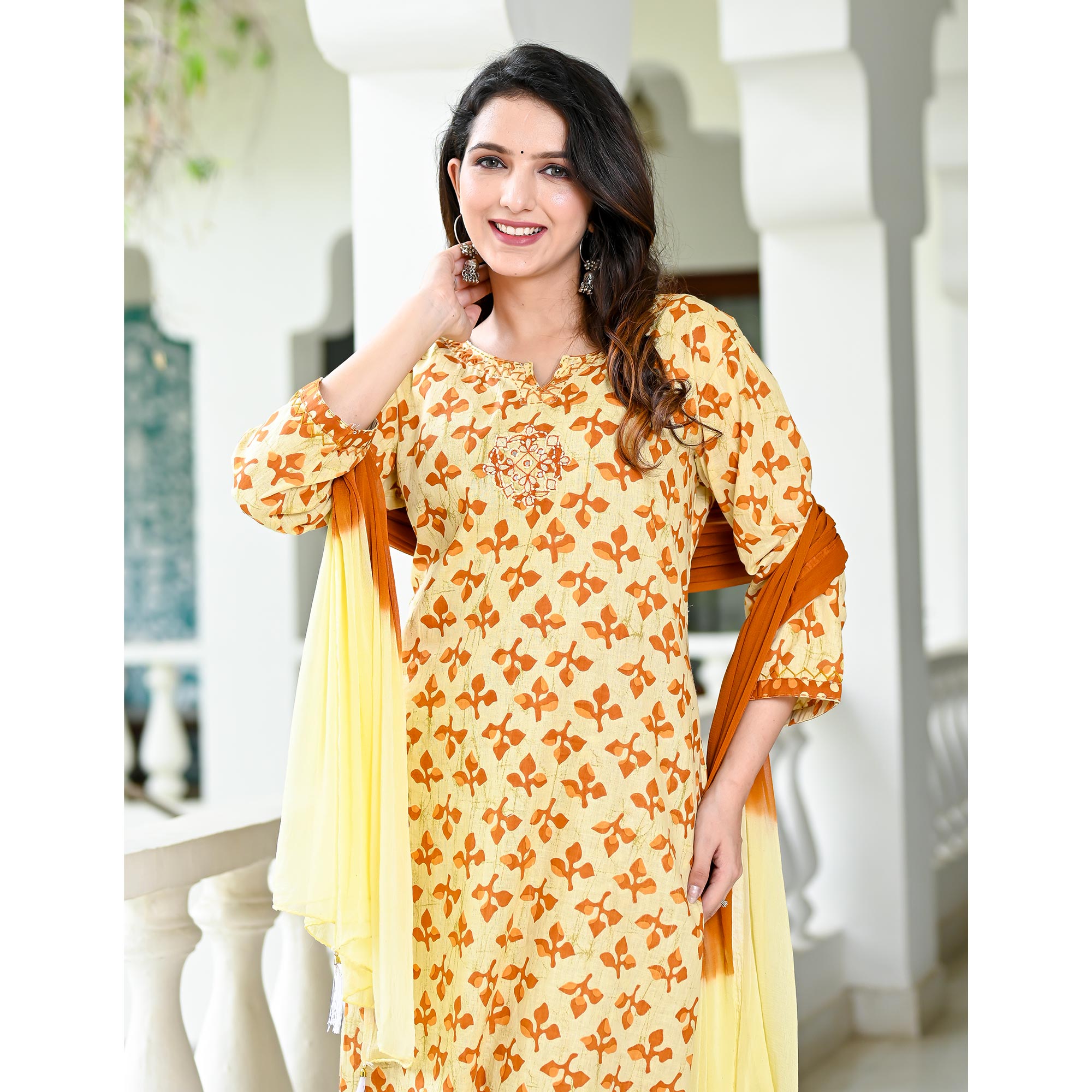Peachmode Cream Brown Floral Printed Pure Cotton Suit - view 10