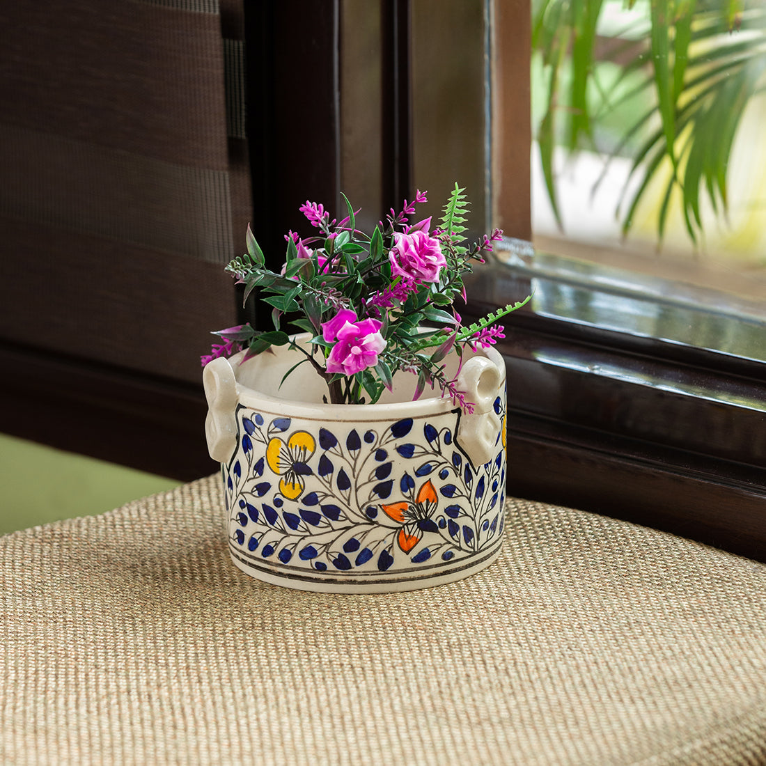 EXCLUSIVELANE 'Indigo Vines' Handpainted Ceramic Table Planter Pot