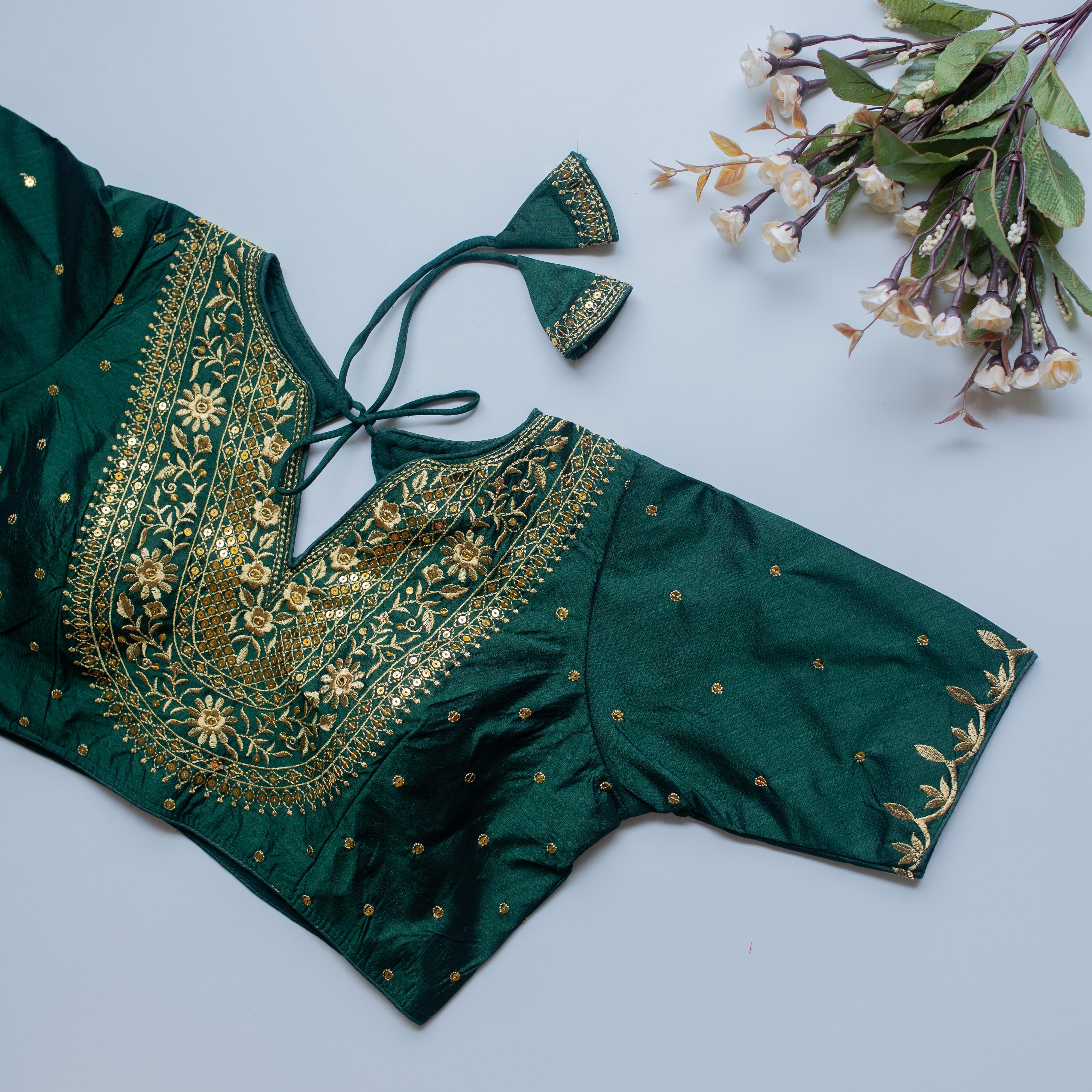 ClothsVilla Green Olive Silk Blouse with Golden Embroidery and Sequence Accents